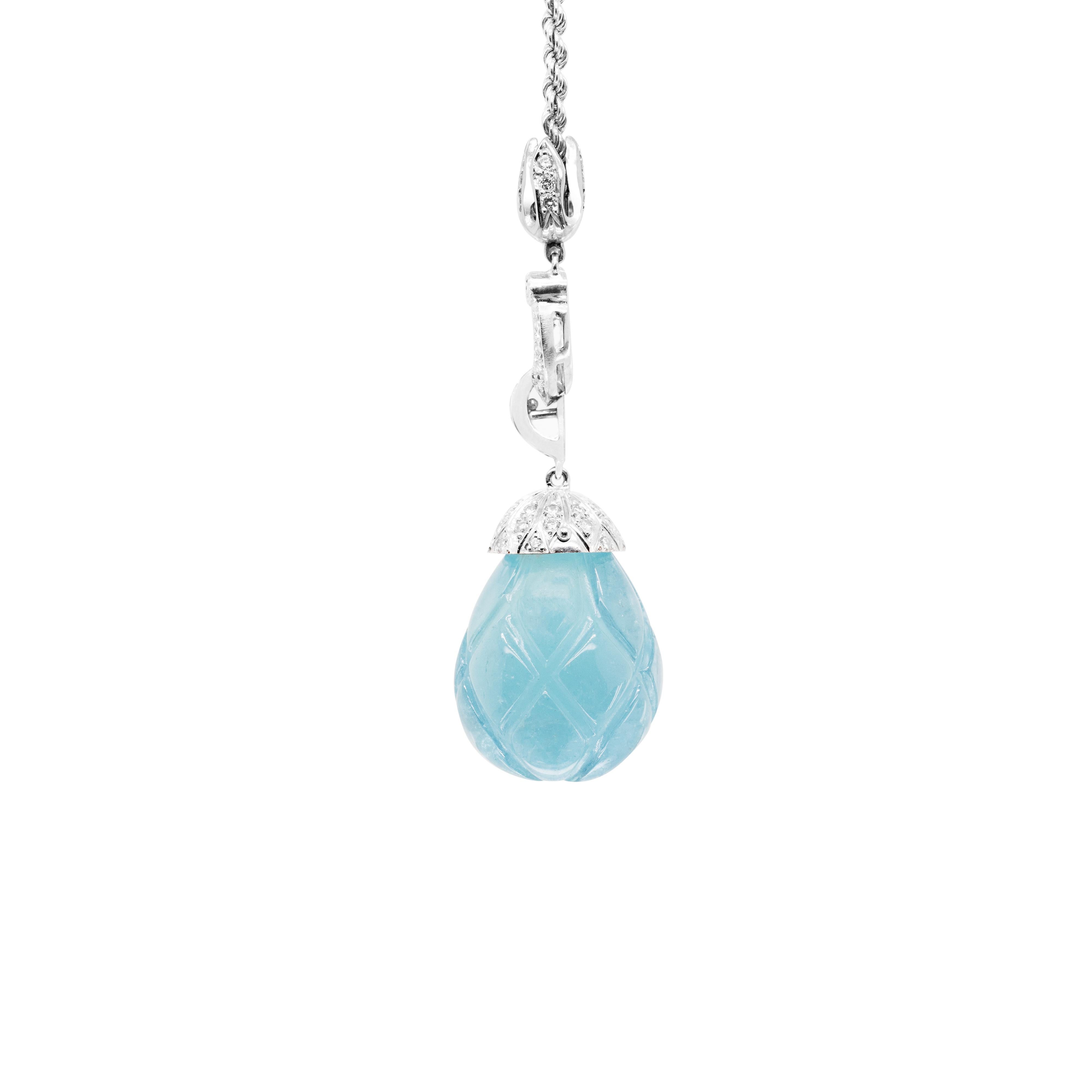 Modern Carved Cabochon Aquamarine Diamond and Sapphire 18ct Gold Drop Necklace For Sale