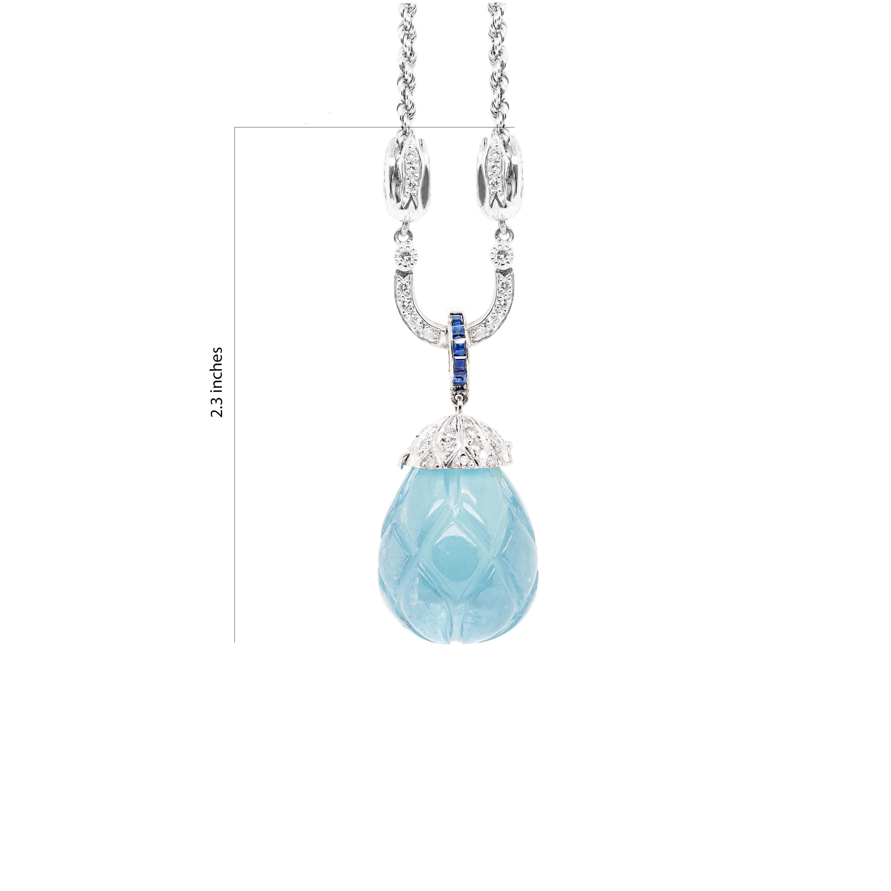 Carved Cabochon Aquamarine Diamond and Sapphire 18ct Gold Drop Necklace For Sale 1