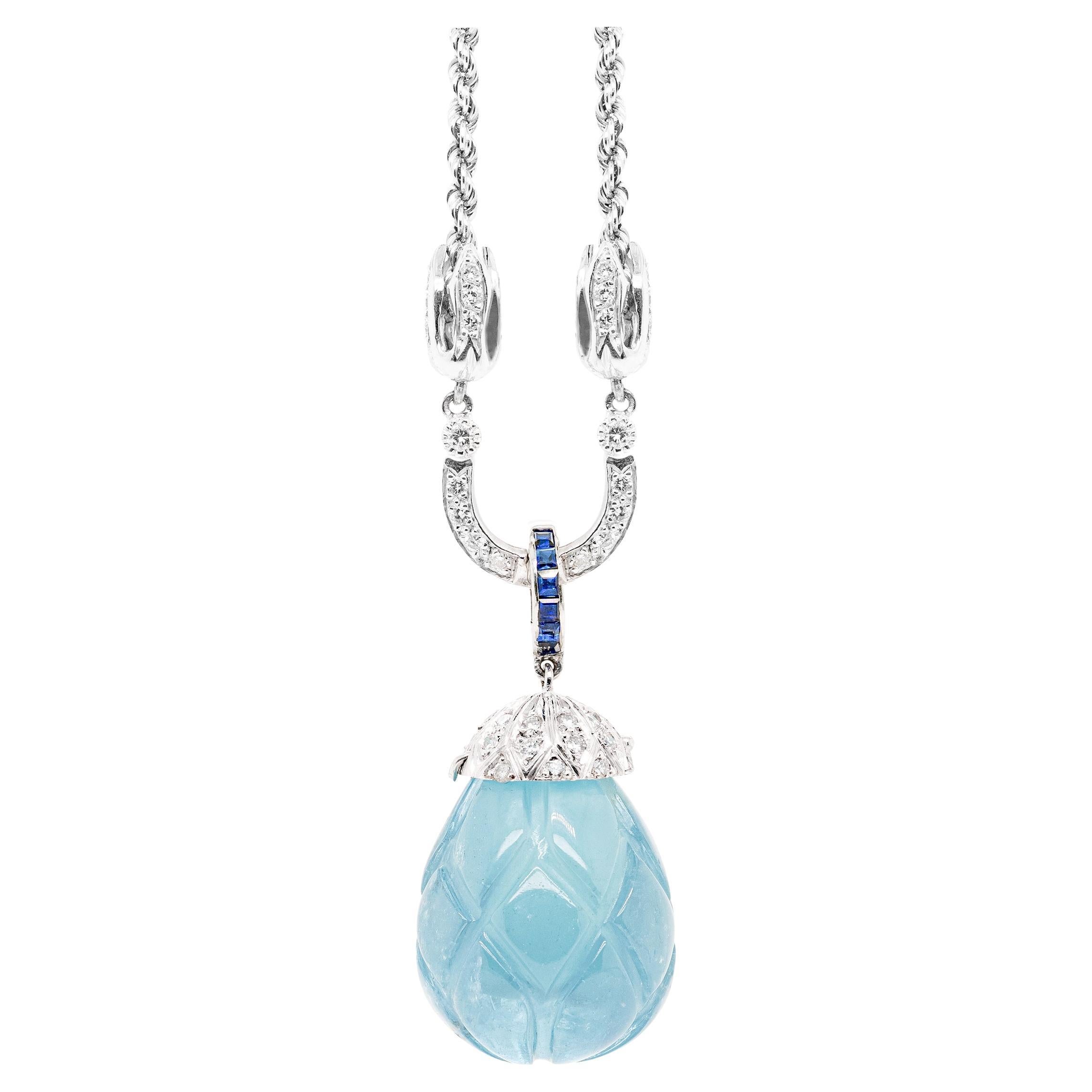 Carved Cabochon Aquamarine Diamond and Sapphire 18ct Gold Drop Necklace For Sale