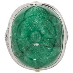 Carved Cabochon Emerald and Diamond Ring