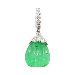 Carved Cabochon Emerald with Diamond Pendant Set in 18 Karat White Gold Settings