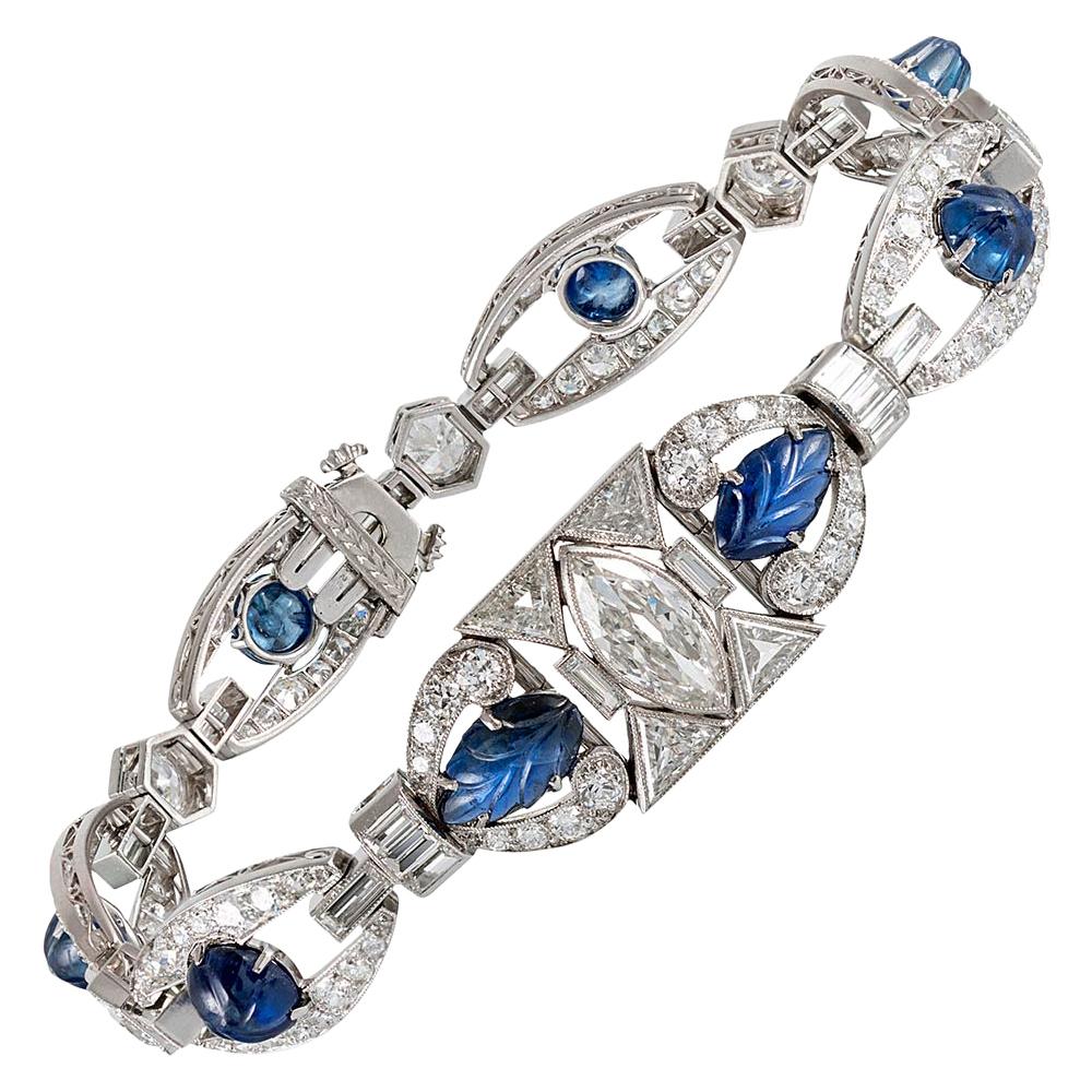 Carved Cabochon Sapphire & Diamond Art Deco Bracelet