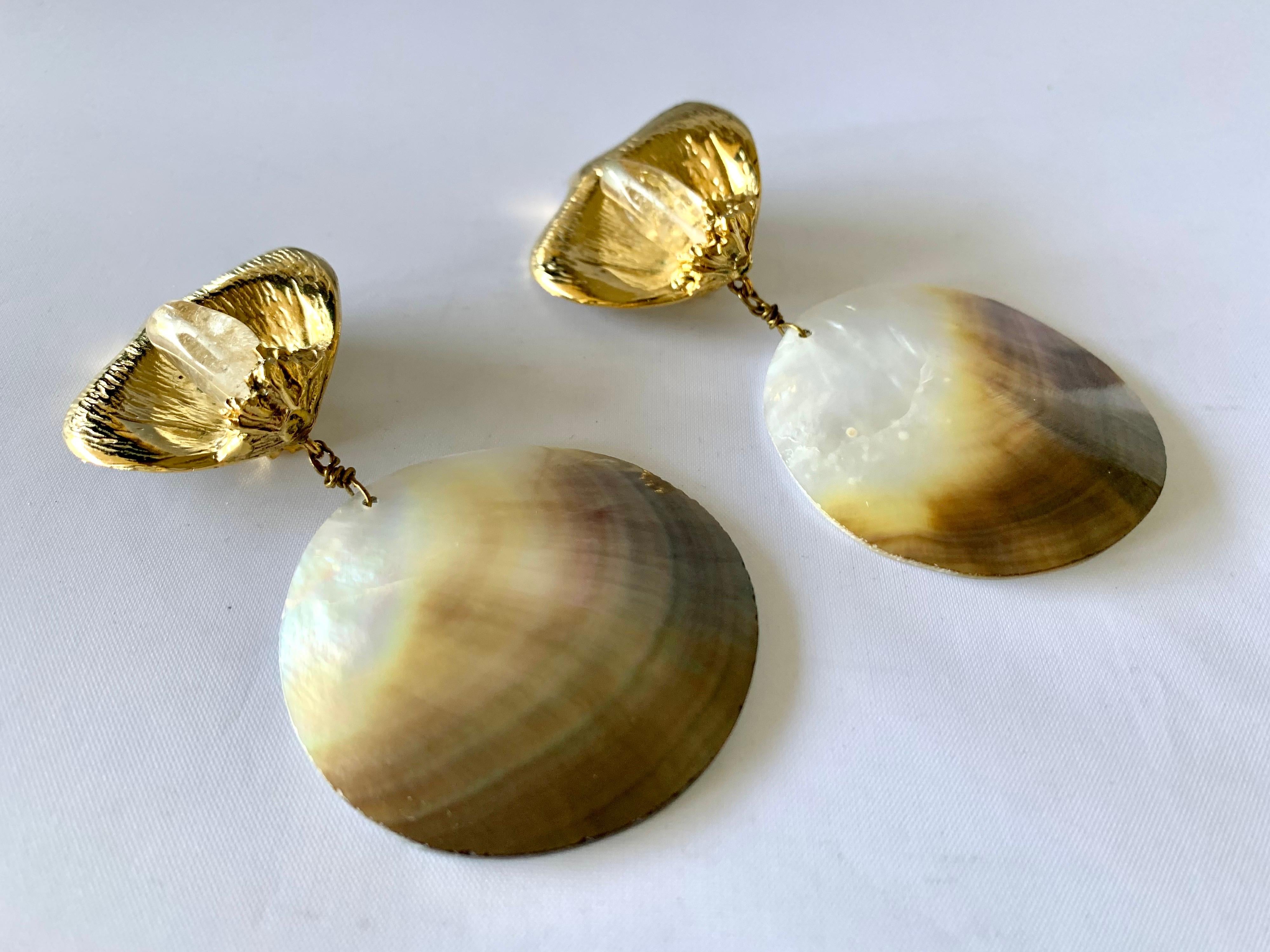 Artisan Carved Cala Lily Rock Crystal and Shell Statement Earrings  For Sale