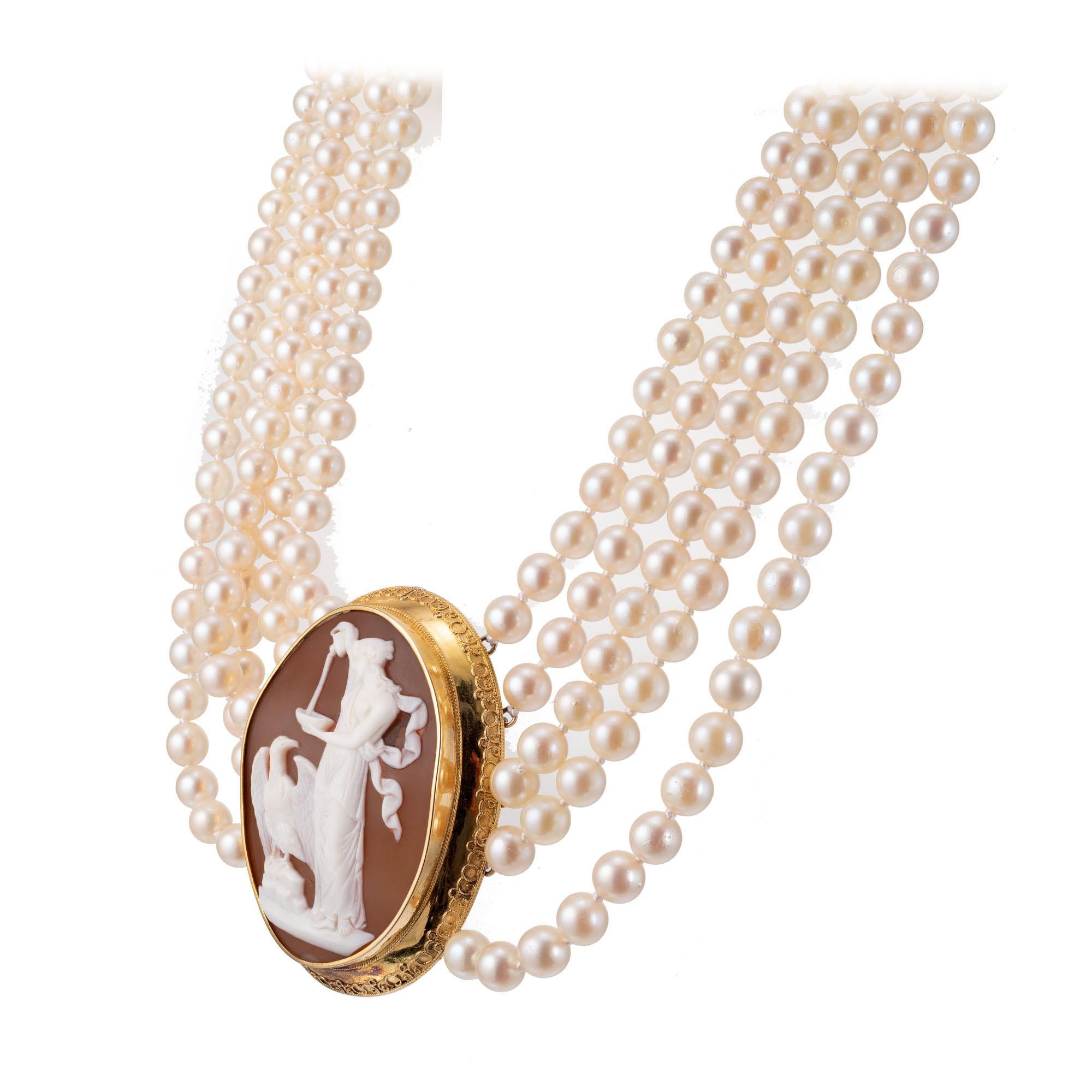 Round Cut Carved Cameo Cultured Pearl Yellow Gold Multi-Strand Pendant Necklace  For Sale