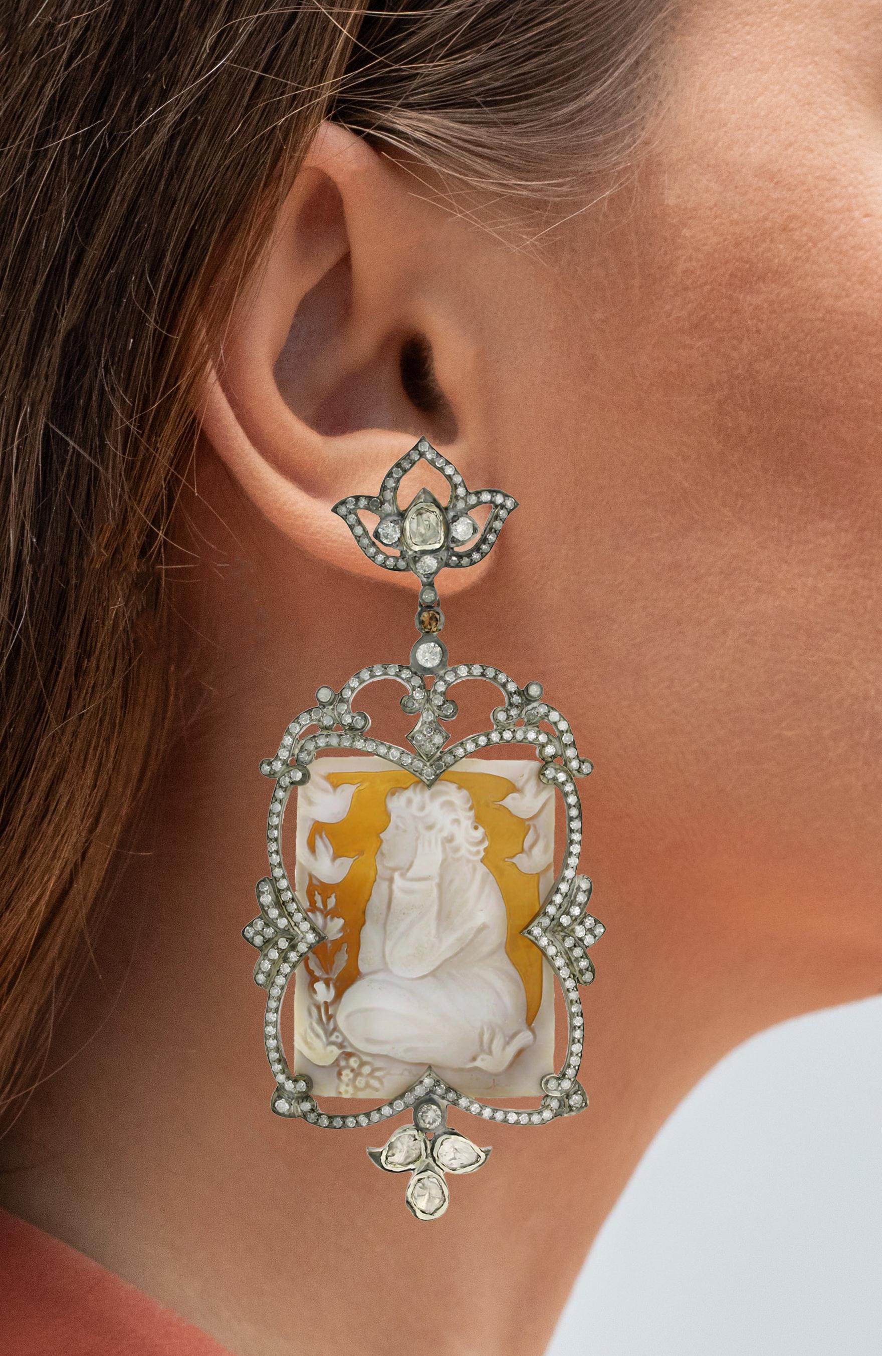 Art Deco Carved Cameo Dangle Earrings With Diamonds 66.76 Carats For Sale