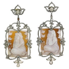 Vintage Carved Cameo Dangle Earrings With Diamonds 66.76 Carats