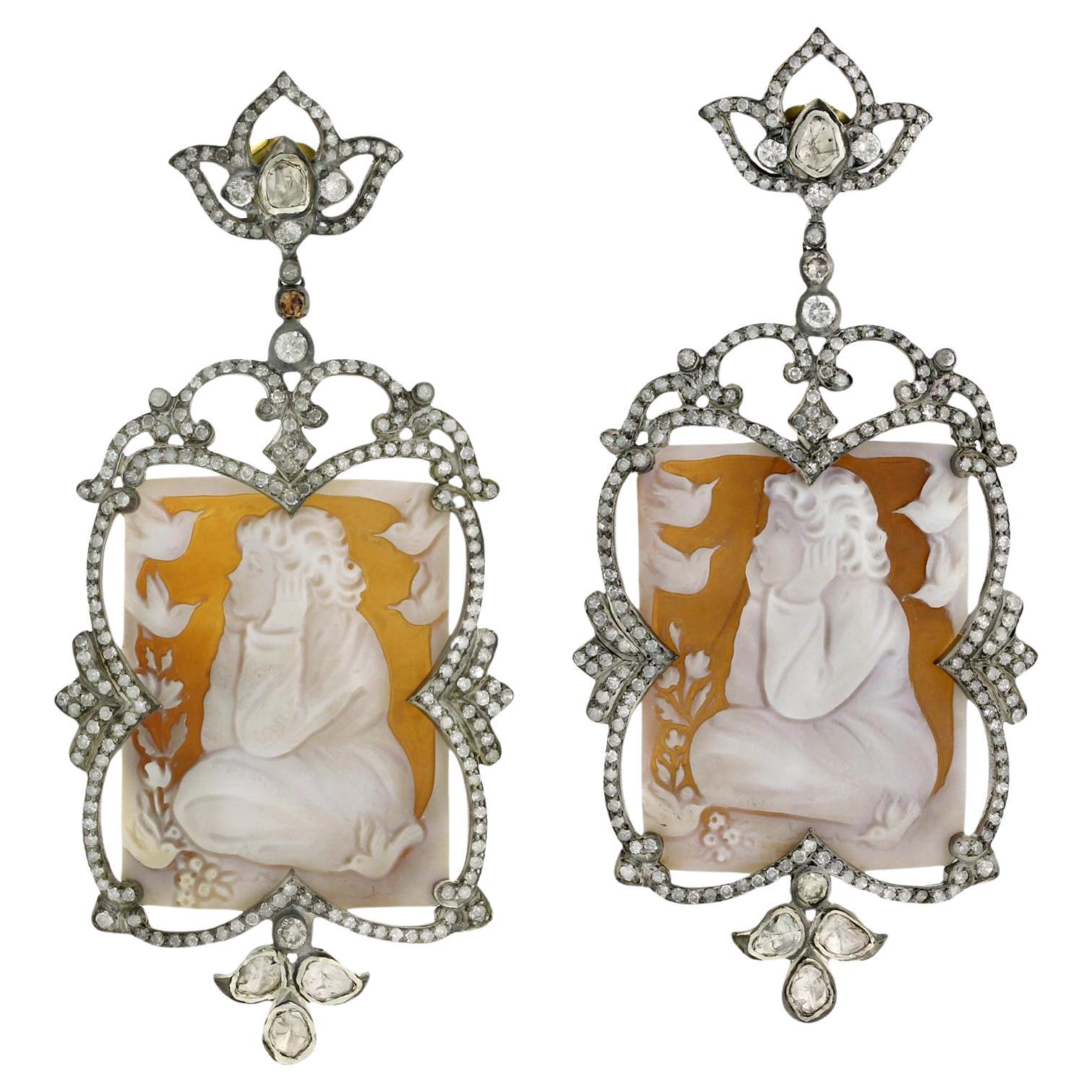 Carved Cameo Dangle Earrings With Diamonds 66.76 Carats For Sale
