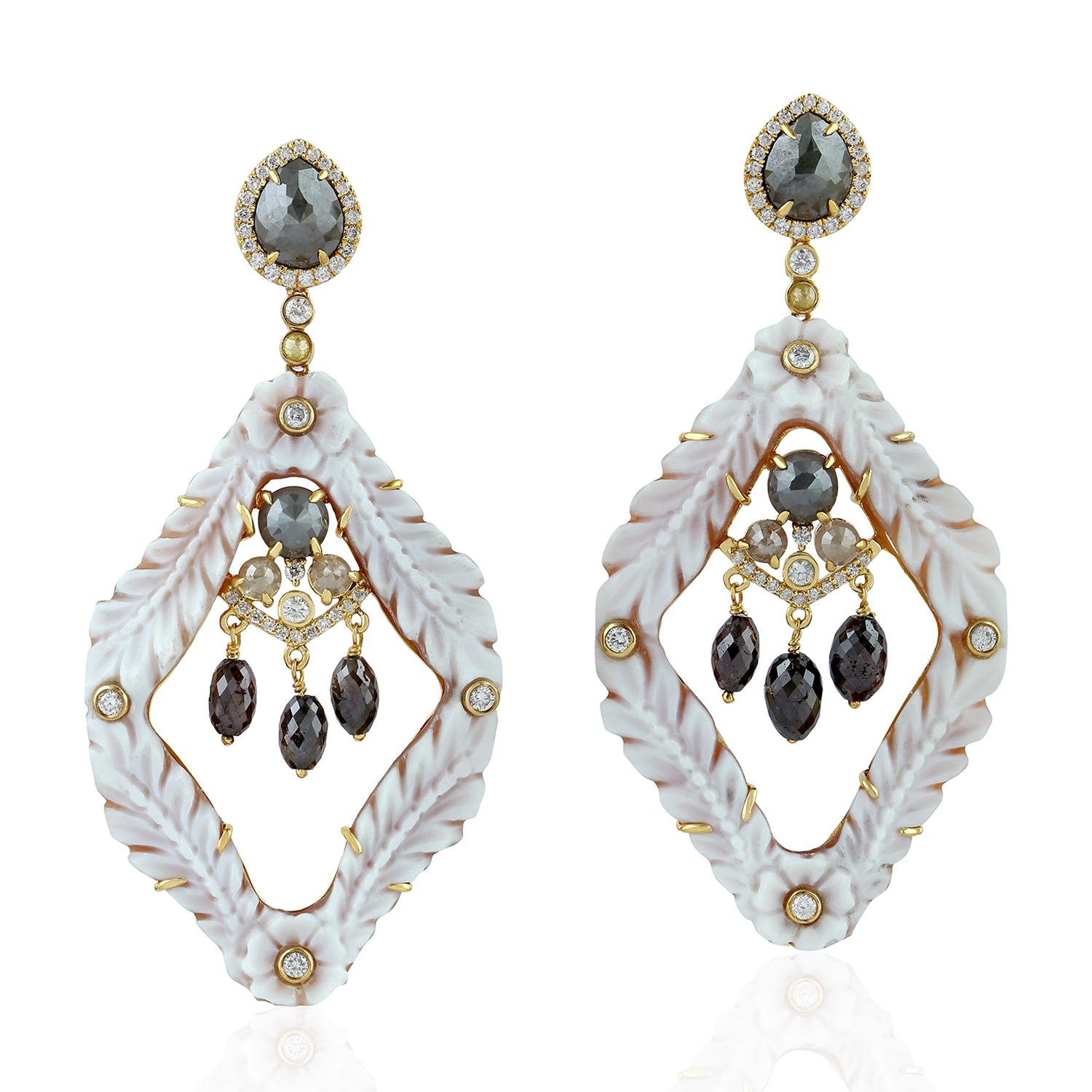 Mixed Cut Carved Cameo Diamond 18 Karat Gold Earrings For Sale