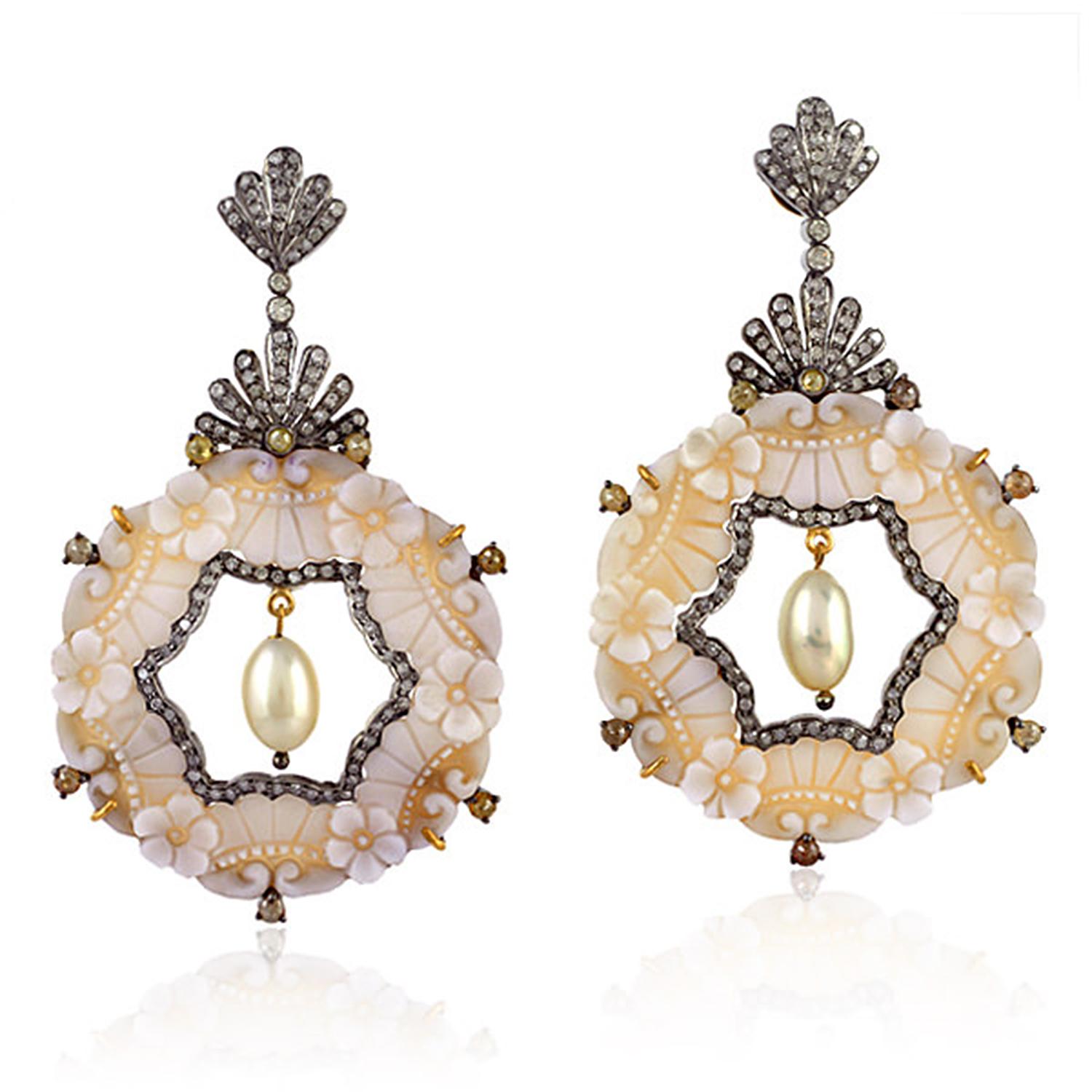 Artisan Carved Cameo Diamond 18 Karat Gold Floral Earrings For Sale