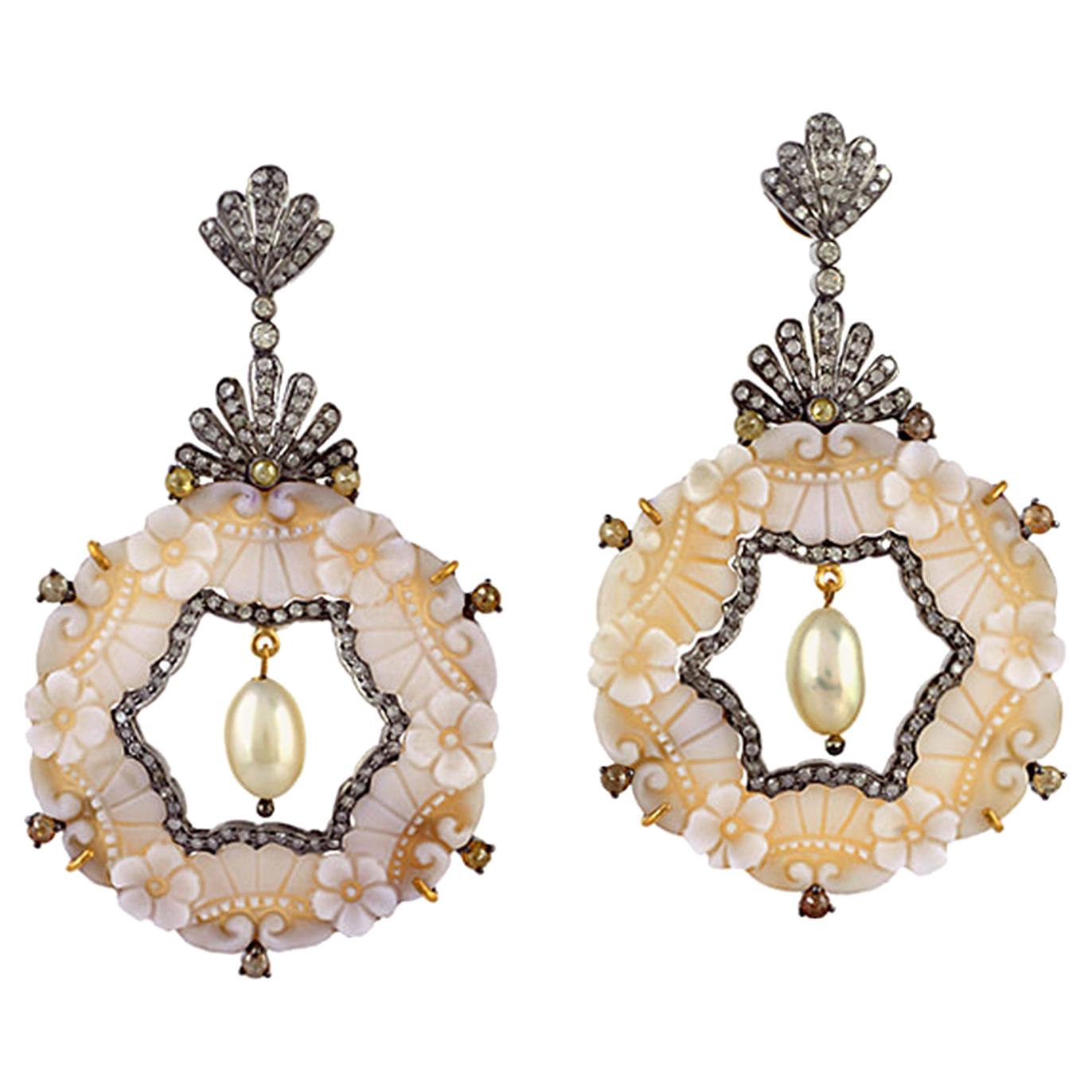 Carved Cameo Diamond 18 Karat Gold Floral Earrings For Sale