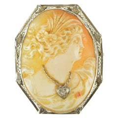 Antique Carved Cameo Diamond Gold Brooch Pendant