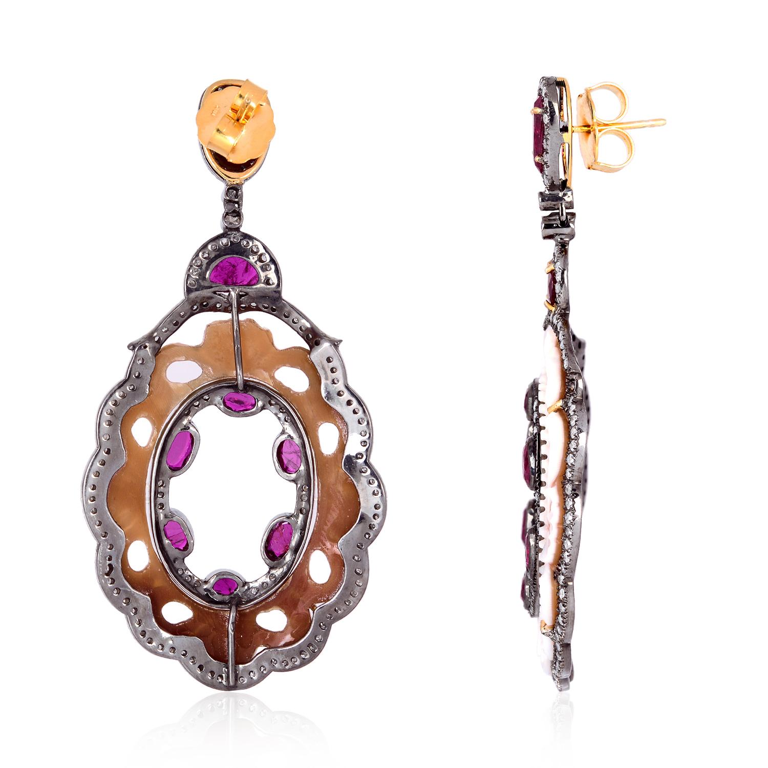 Contemporary Carved Cameo Diamond Ruby Earrings For Sale