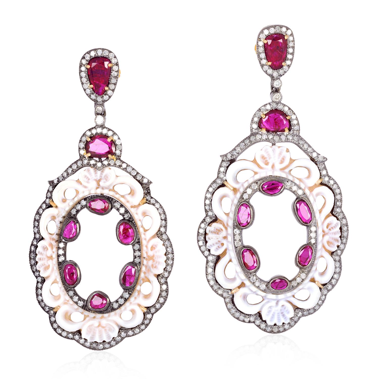 Single Cut Carved Cameo Diamond Ruby Earrings For Sale