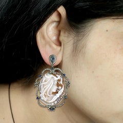 Carved Cameo Earrings With Blue Sapphire & Diamonds Made In 18k Gold & Silver