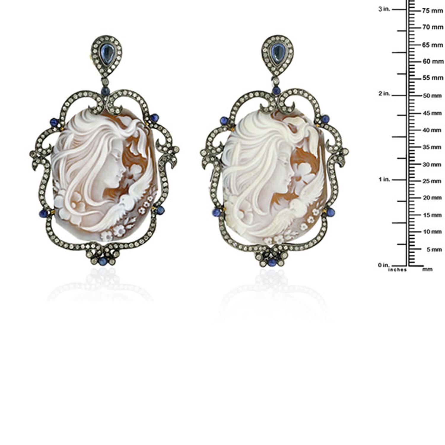 Art Nouveau Carved Cameo Earrings With Blue Sapphire & Diamonds Made In 18k Gold & Silver For Sale