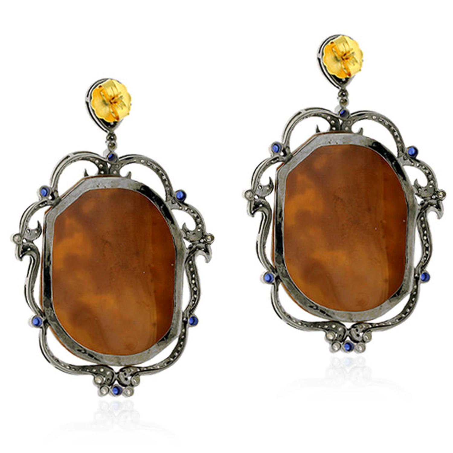 Round Cut Carved Cameo Earrings With Blue Sapphire & Diamonds Made In 18k Gold & Silver For Sale