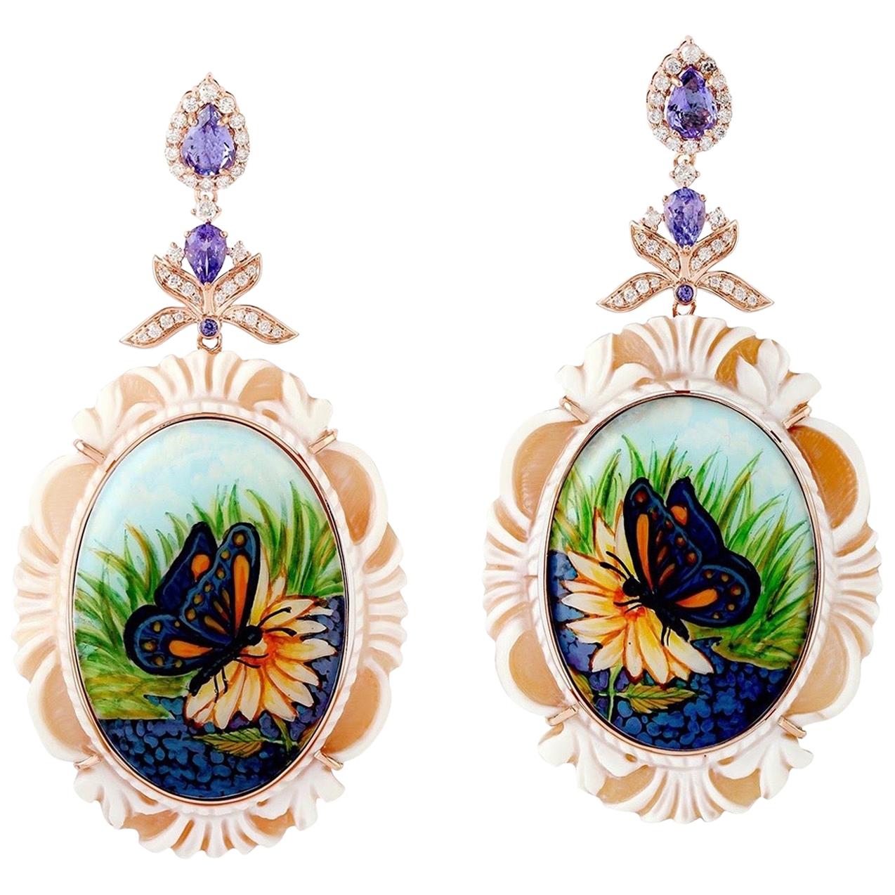 Cameo Enamel Tanzanite Diamond Butterfly 18 Karat Gold Earrings For Sale