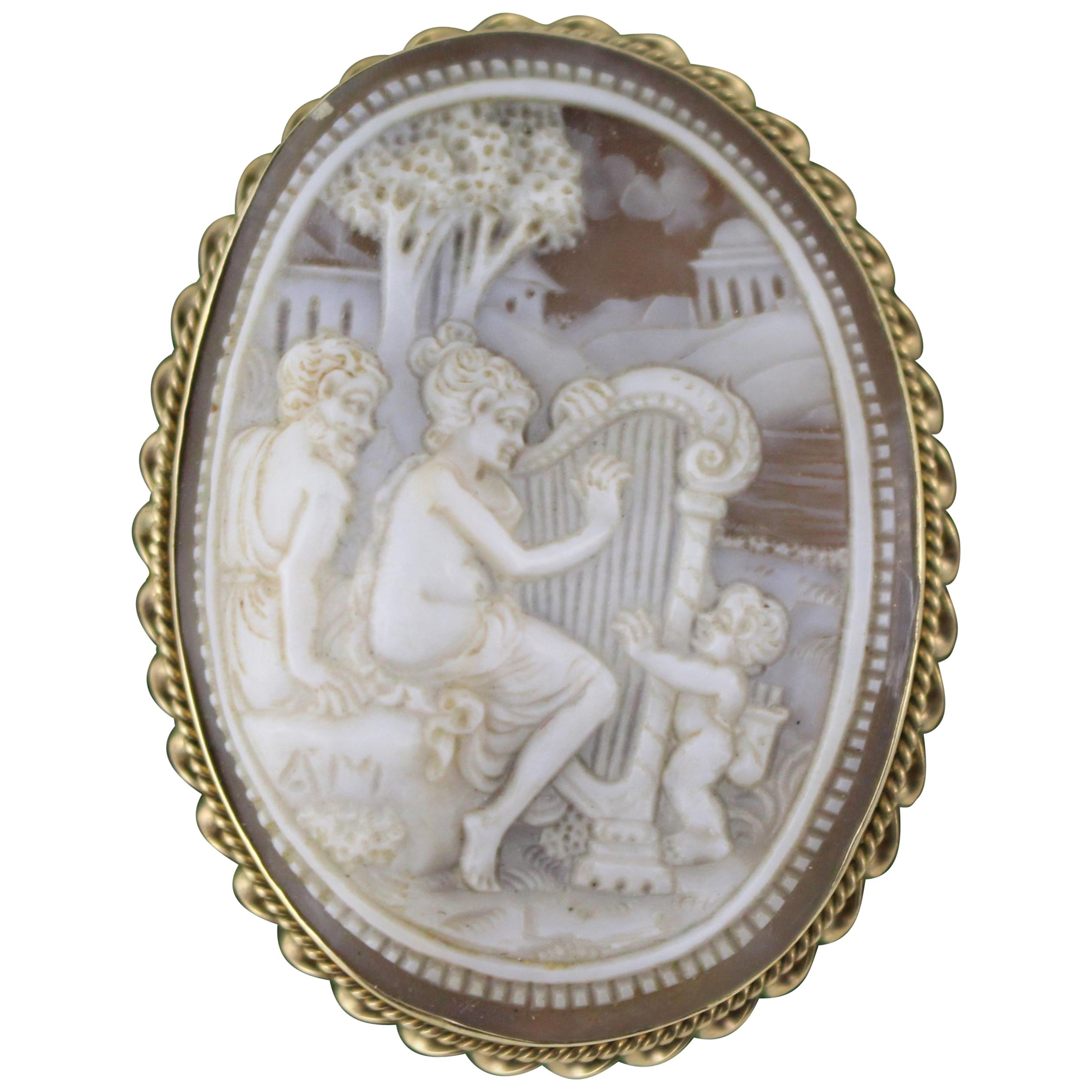 Carved Cameo Relief Gold Set Brooch