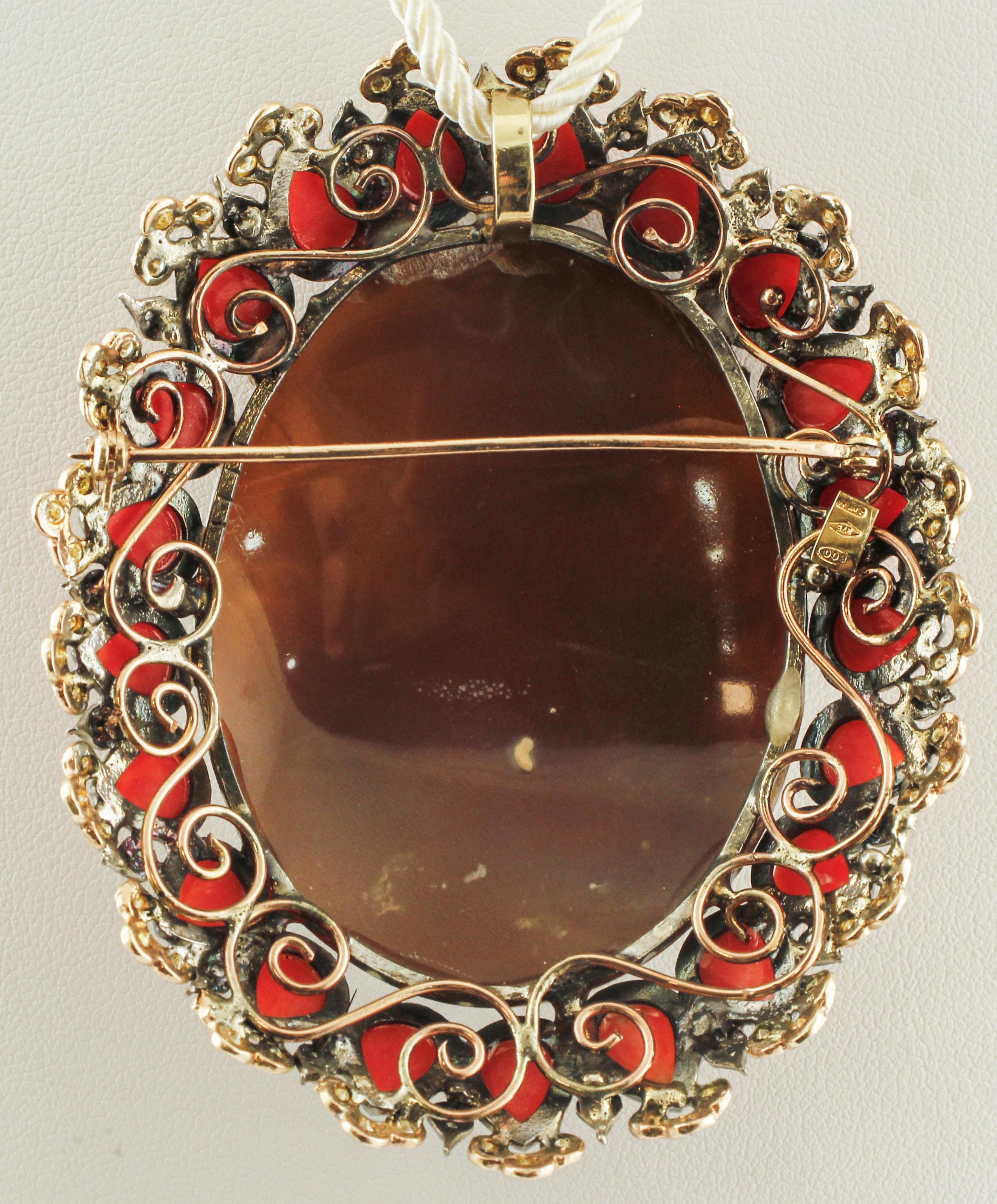 Women's Carved Cameo, Rubrum Coral, Diamonds, Sapphires, Unique Retro Brooch