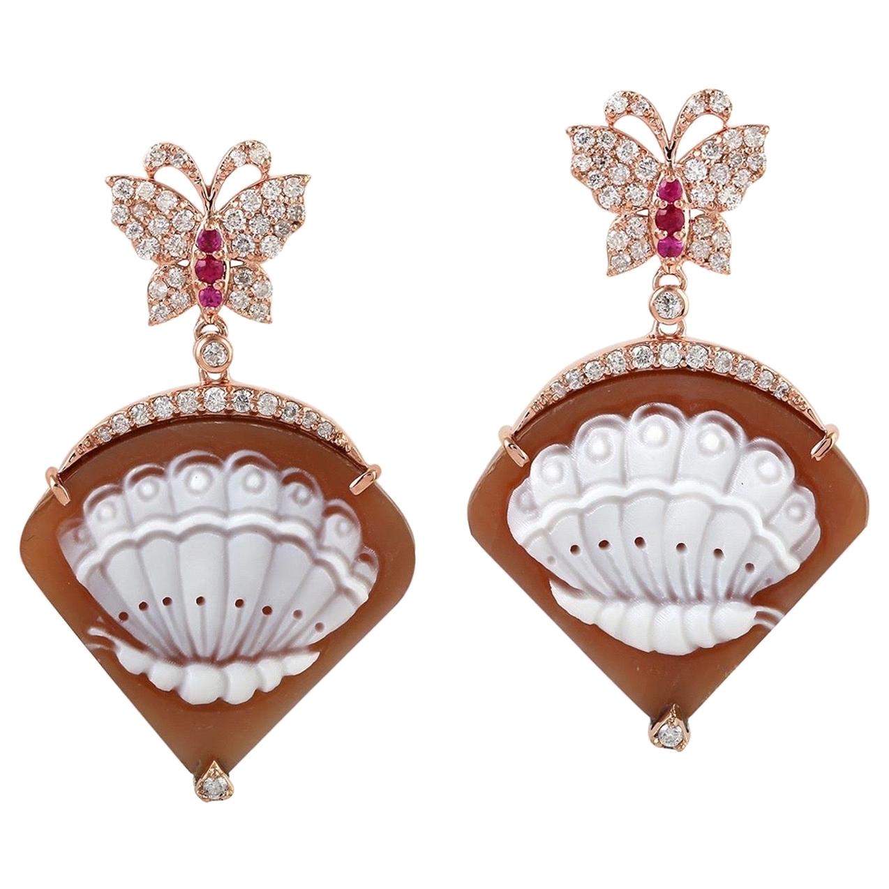 Carved Cameo Ruby Diamond 18 Karat Gold Earrings For Sale