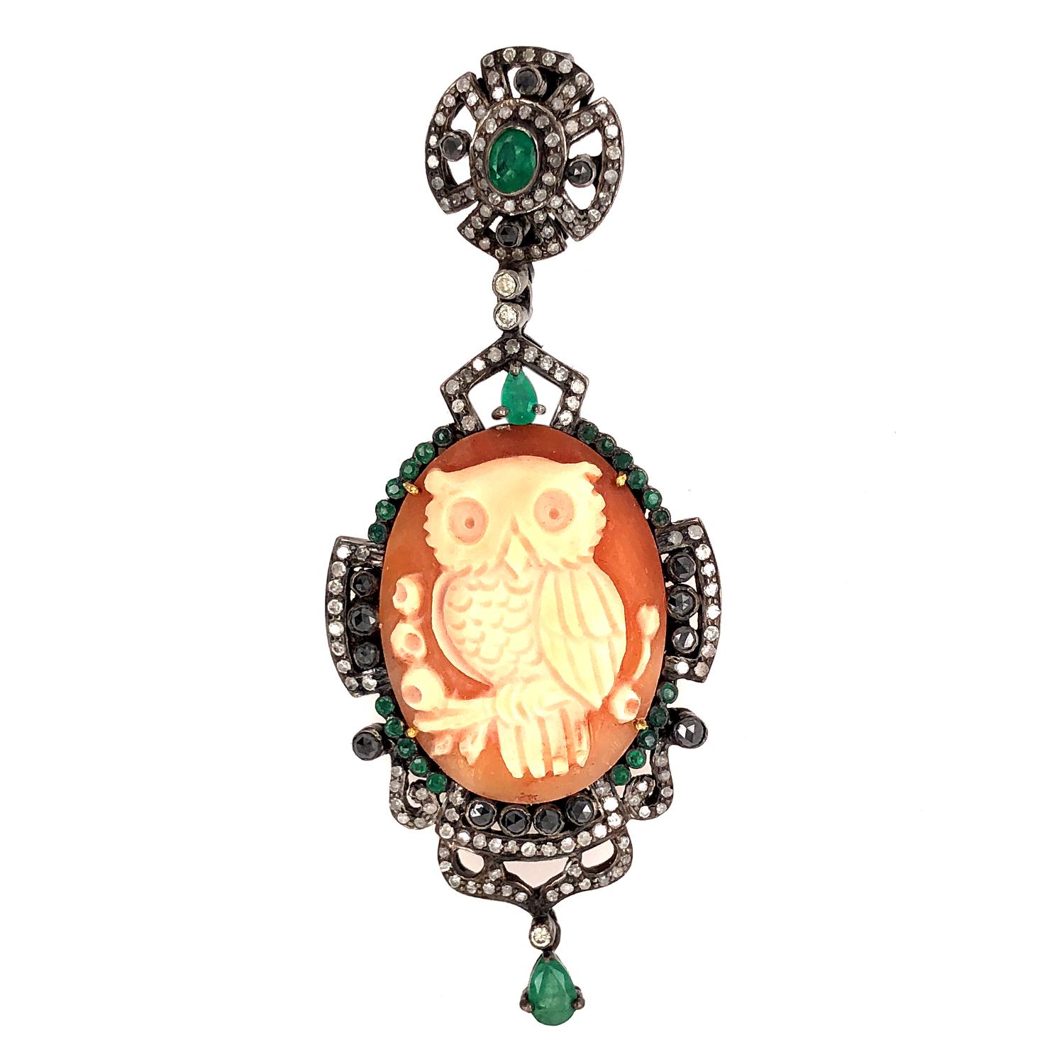 Round Cut Carved Owl Cameo Shell Pendant with Emerald & Pave Diamonds For Sale