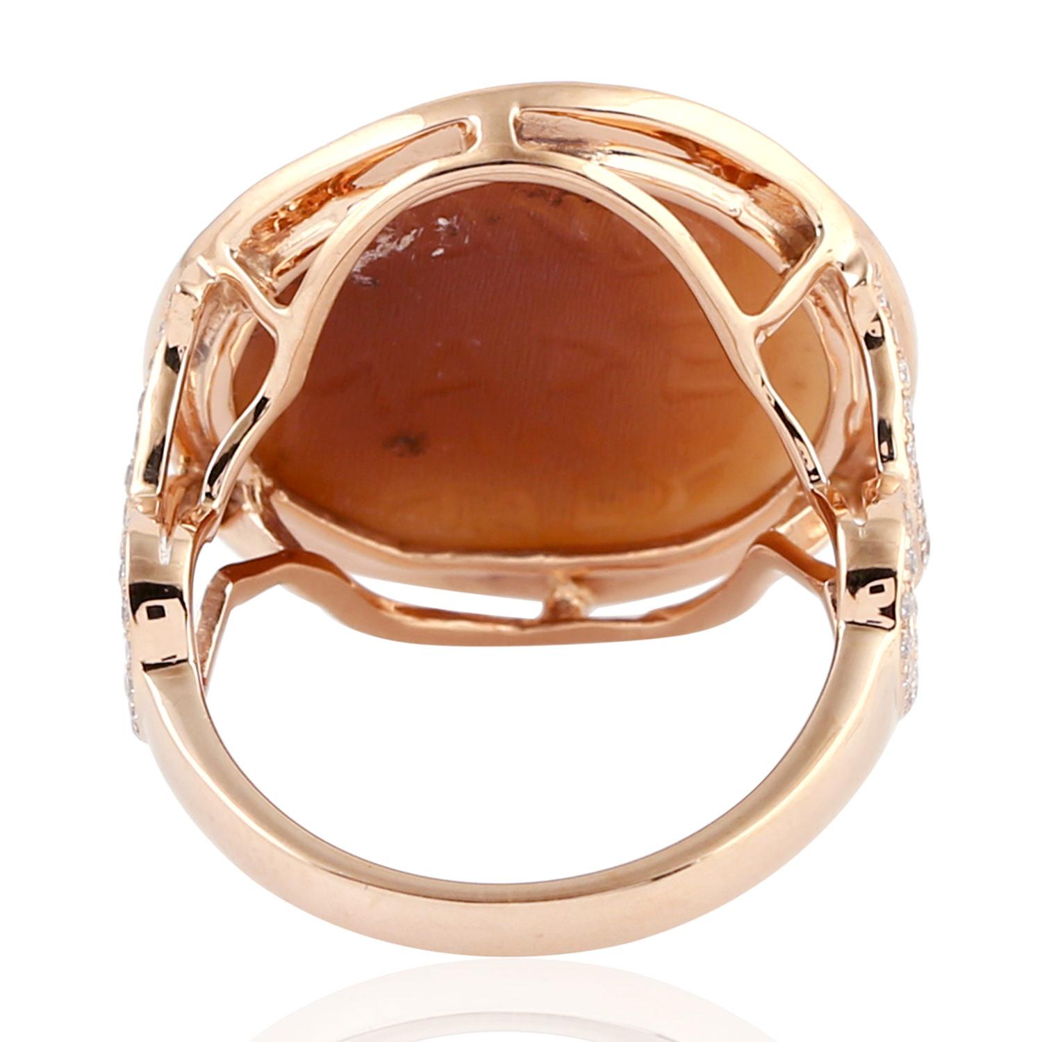 Art Deco Carved Cameo Shell Ring with Pave Diamond on the Edge Made in 18k Gold For Sale