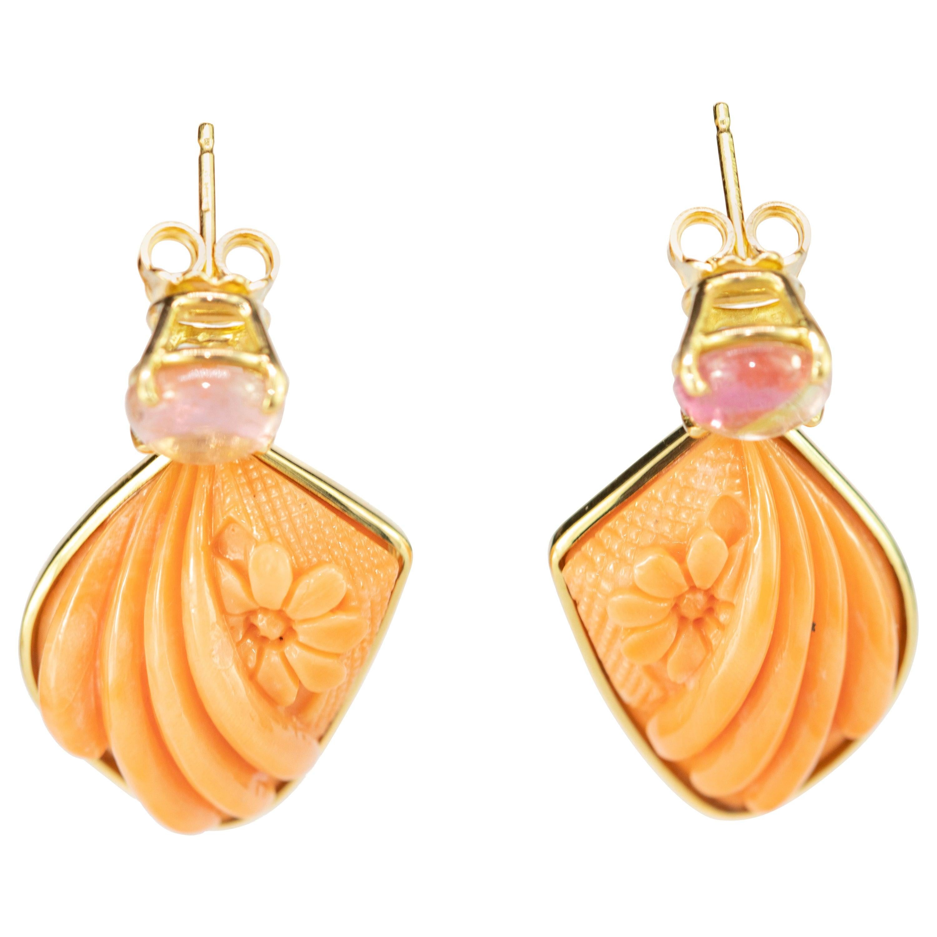 Carved Cammeo Pink Coral Tourmaline 18 Karat Yellow Gold Stud Carved Earrings For Sale