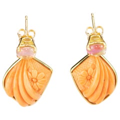 Antique Carved Cammeo Pink Coral Tourmaline 18 Karat Yellow Gold Stud Carved Earrings