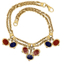 Vintage Carved Carnelian and Lapis Lazuli Gold Chain Necklace Estate Fine Jewelry