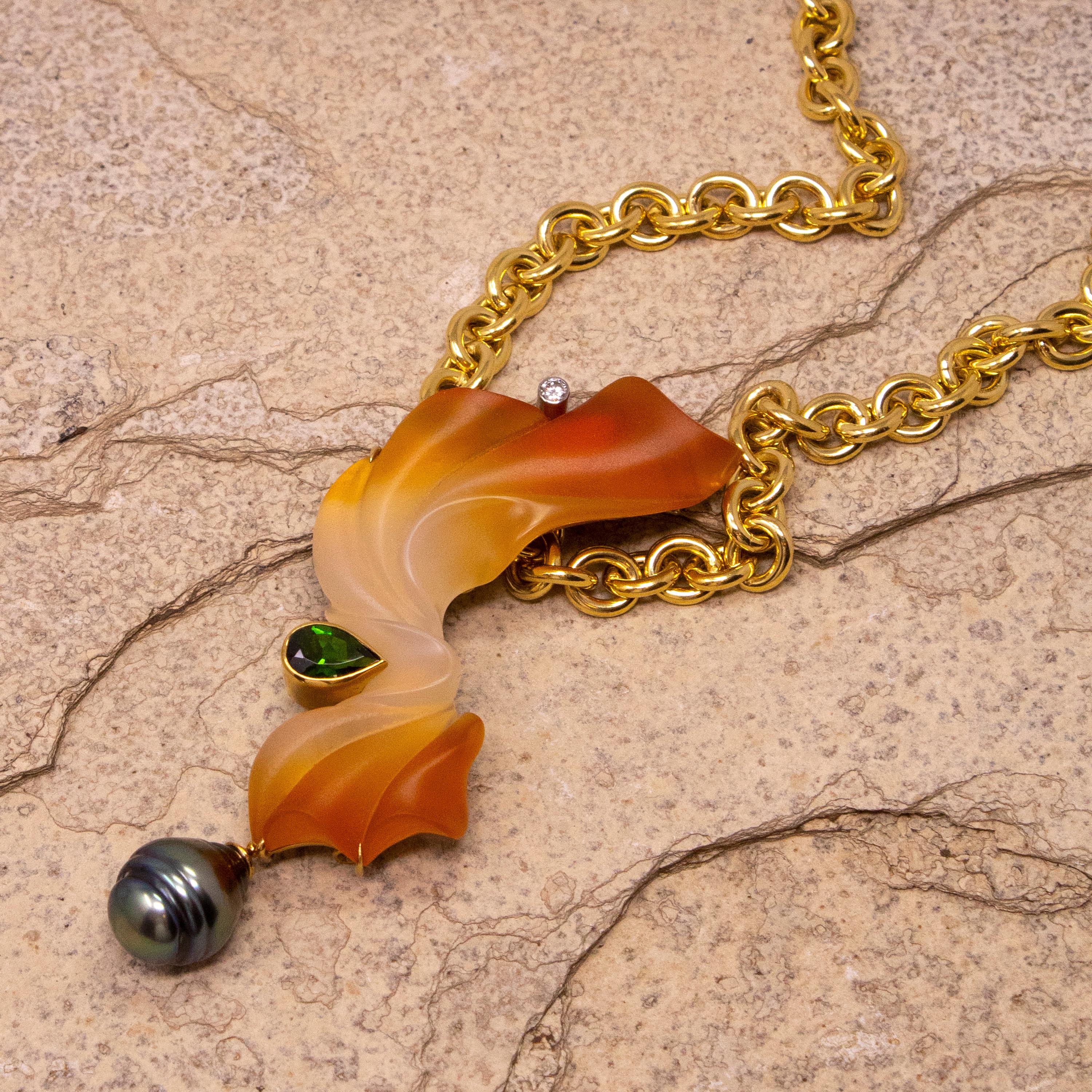 Contemporary Carved Carnelian, Chrome Diopside and Tahitian Pearl in 18kt Pendant and Brooch