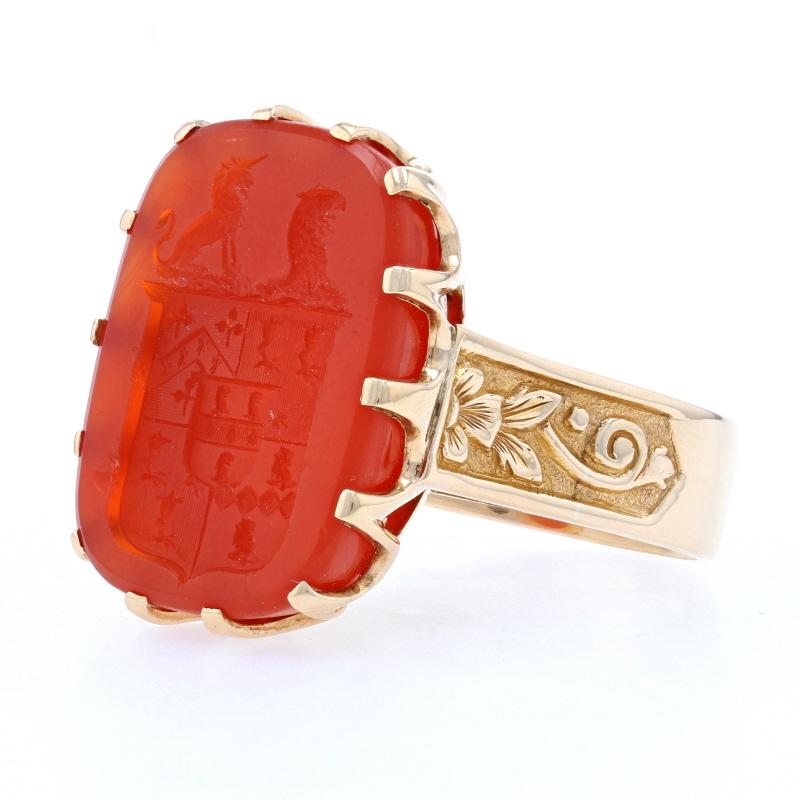 Octagon Cut Carved Carnelian Coat of Arms Ring, 14 Karat Yellow Gold Unisex