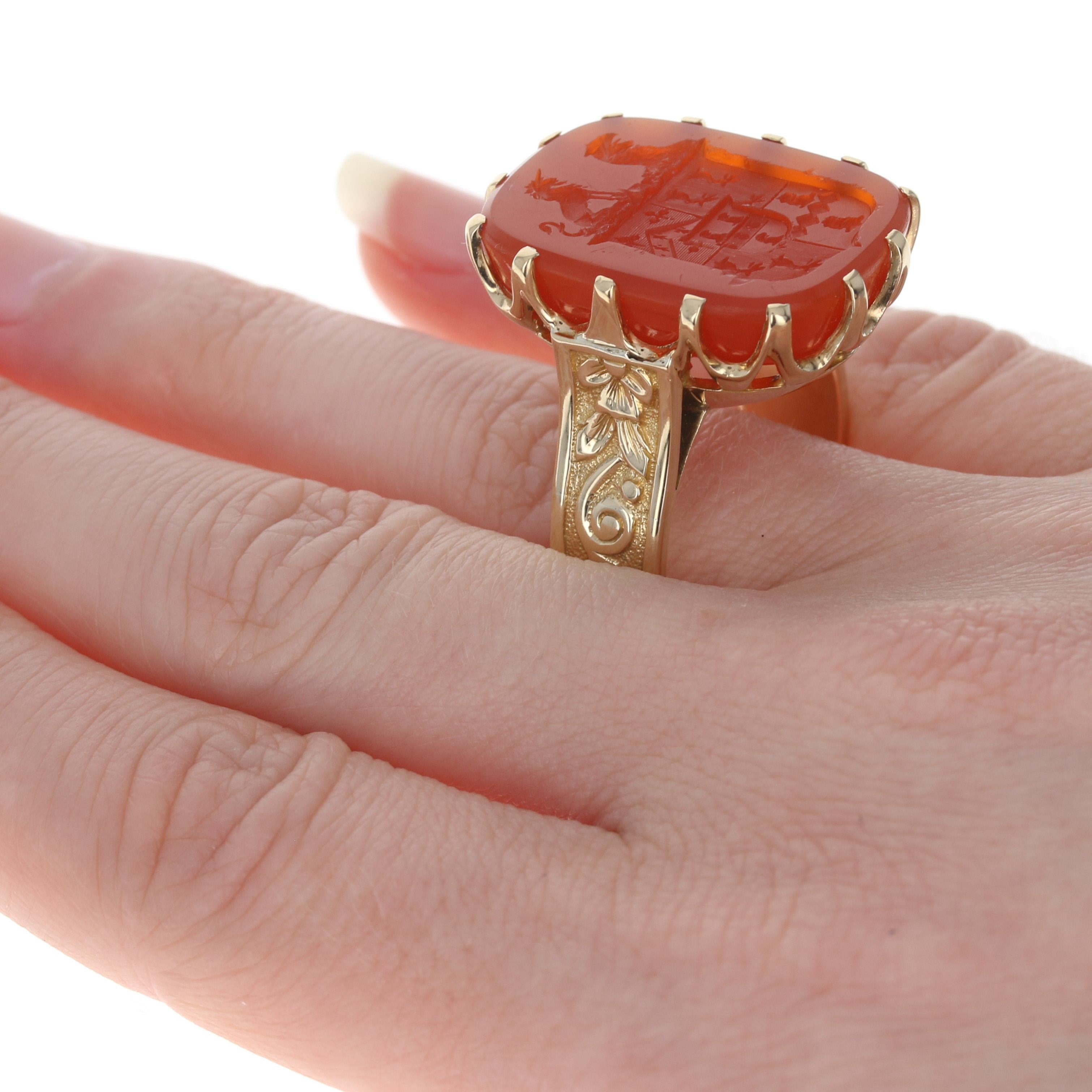 Carved Carnelian Coat of Arms Ring, 14 Karat Yellow Gold Unisex In Excellent Condition In Greensboro, NC