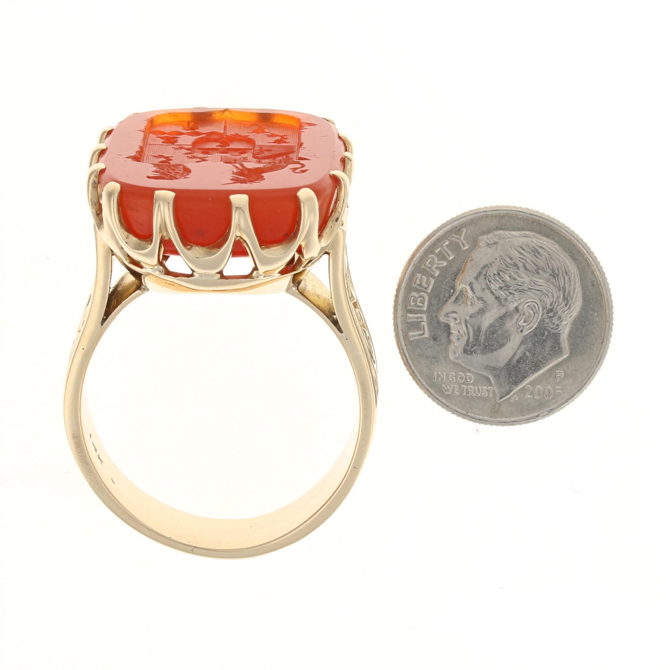 Women's Carved Carnelian Coat of Arms Ring, 14 Karat Yellow Gold Unisex