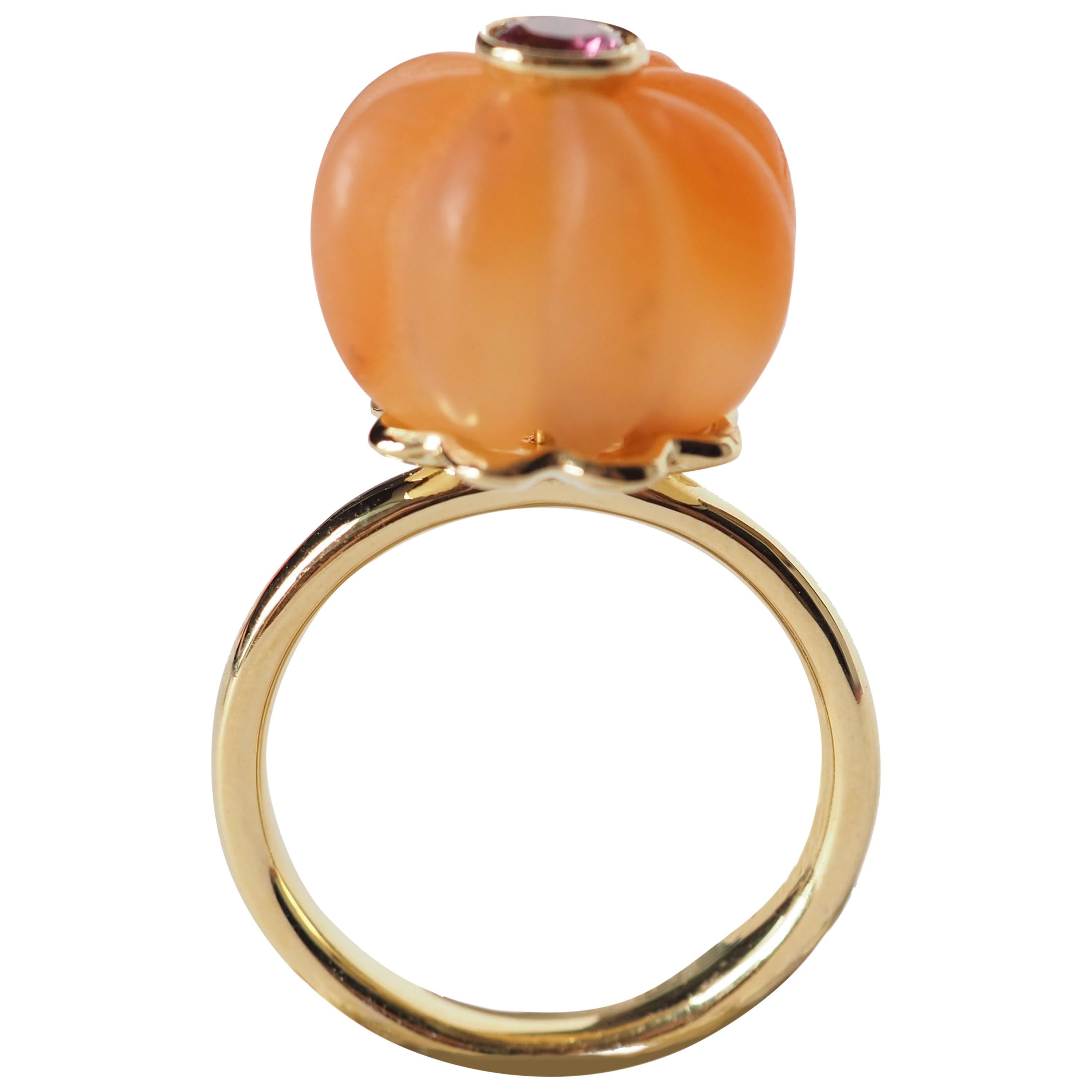 Carved Carnelian Gold Tourmaline Blu Sapphire Ring