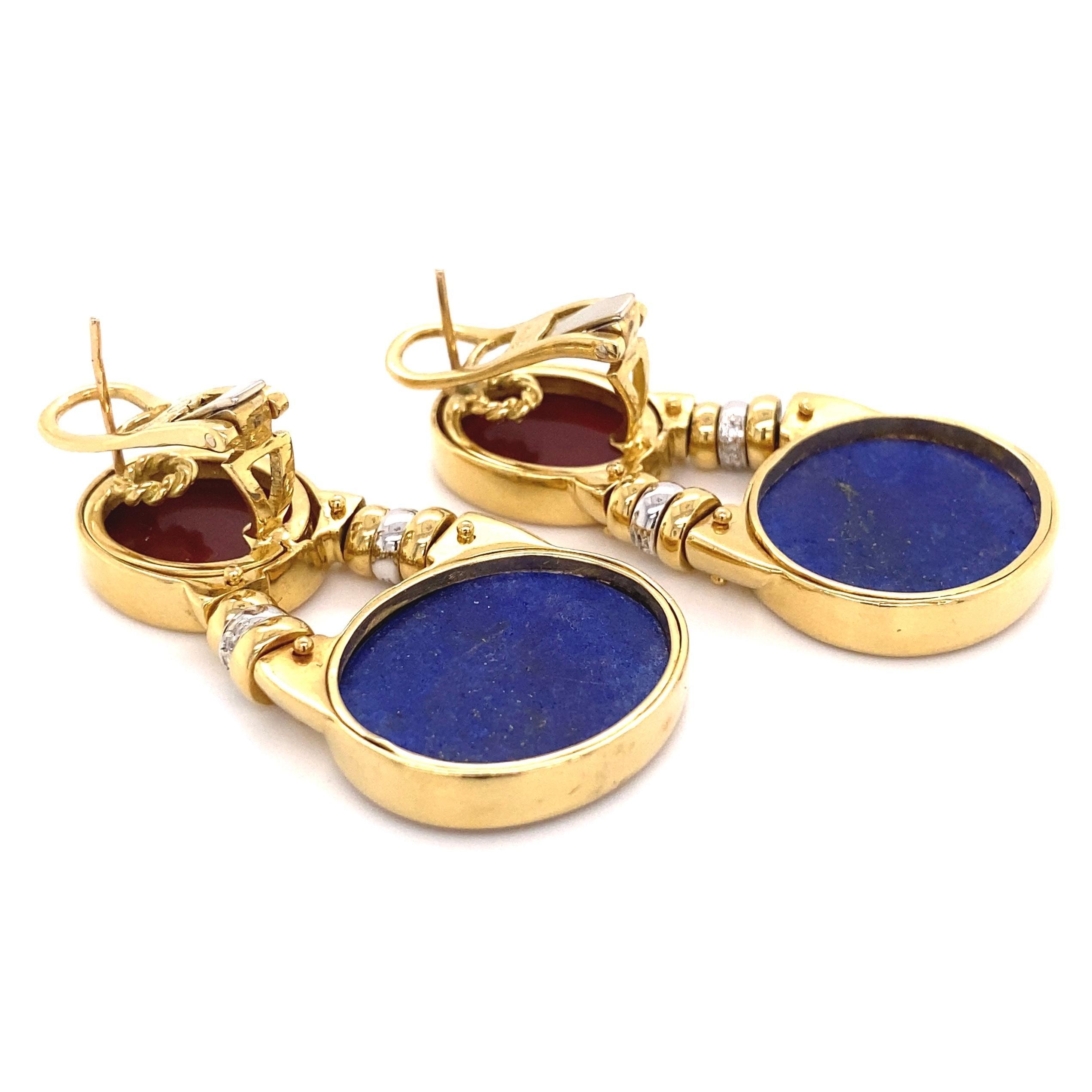 Contemporary Carved Carnelian Lapis Lazuli and Diamond Dangle Earrings Estate Fine Jewelry For Sale