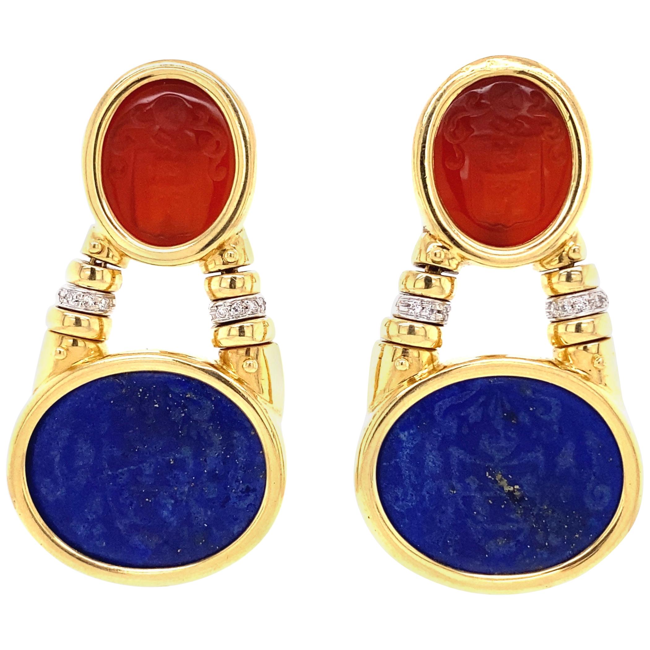 Carved Carnelian Lapis Lazuli and Diamond Dangle Earrings Estate Fine Jewelry For Sale