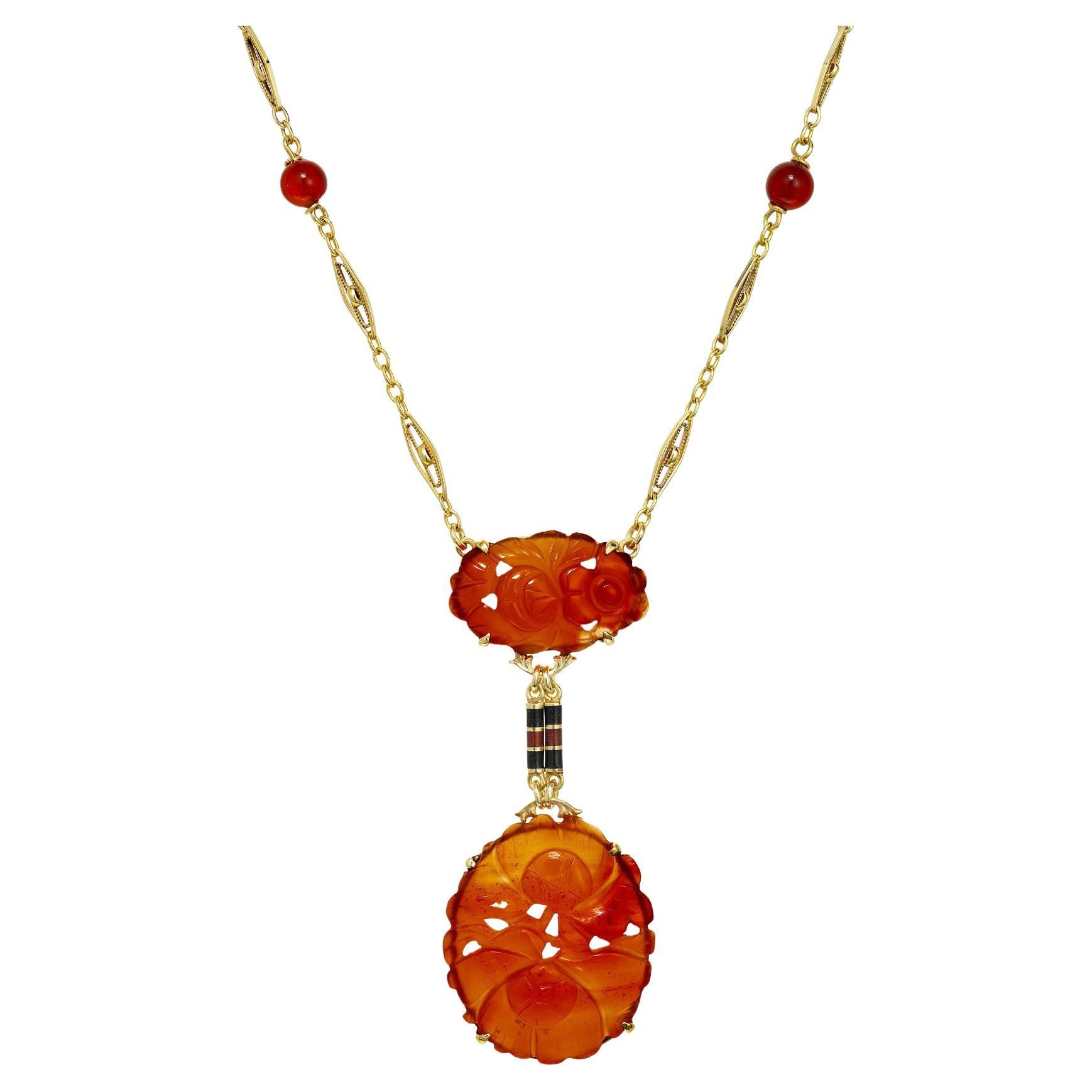 Carved Carnelian Yellow Gold Enamel Necklace
