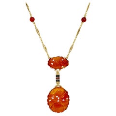 Carved Carnelian Yellow Gold Enamel Necklace