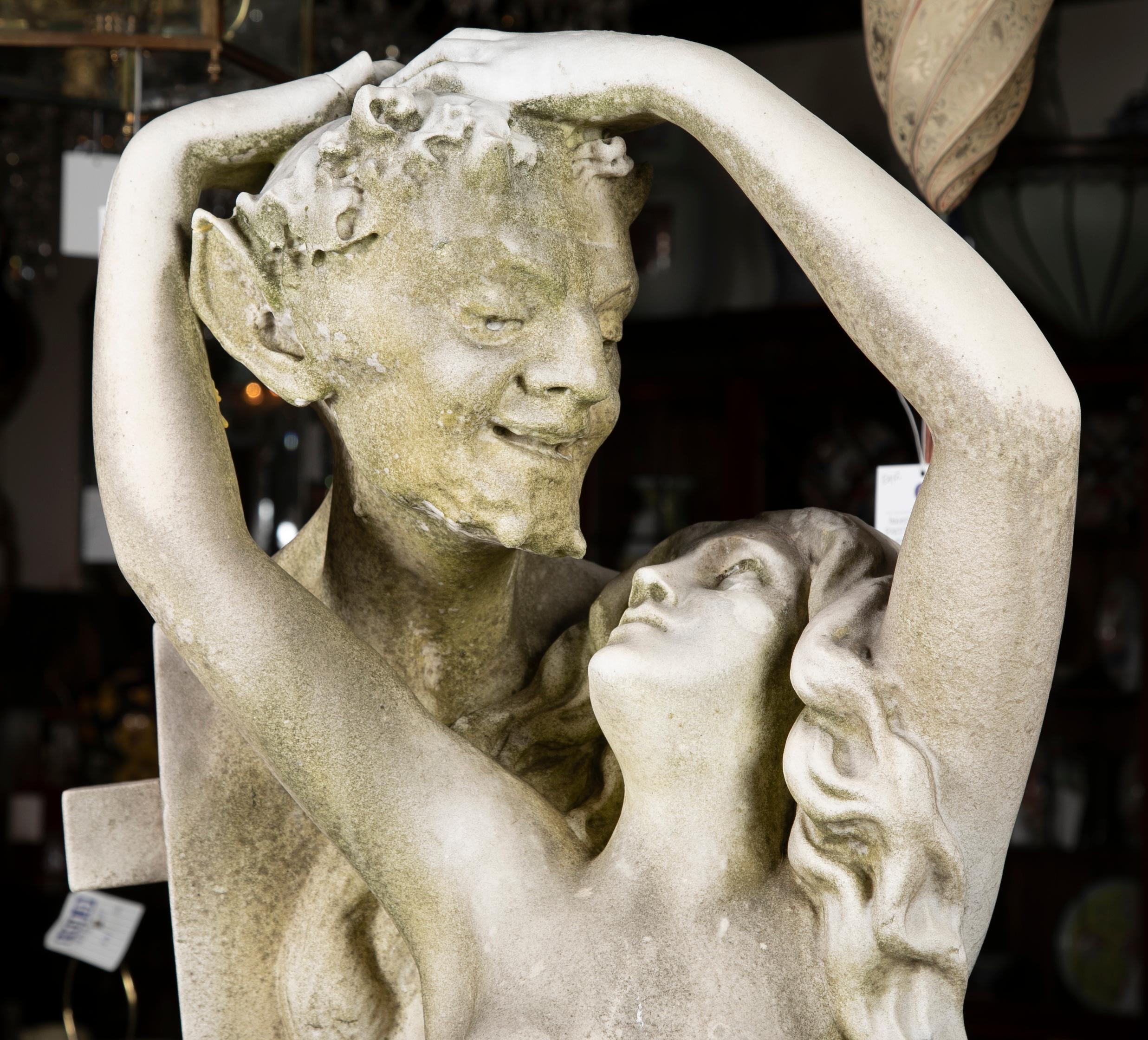 Carved Carrara Marble Statue of a Satyr & Maiden In Good Condition In Stamford, CT