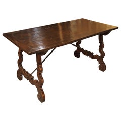 Carved Catalan Table with Lyre Legs and Wrought Iron Supports