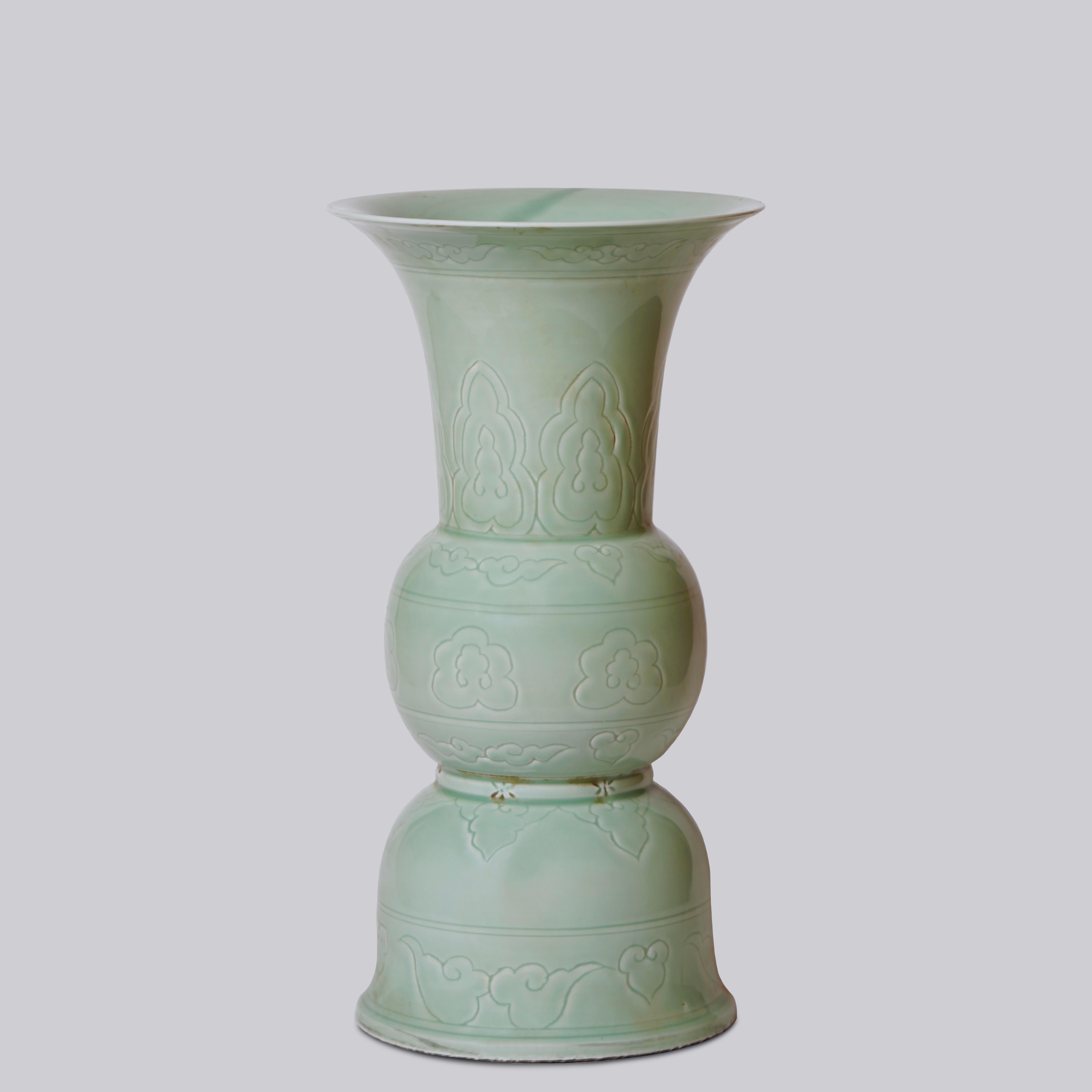 Fired Carved Celadon Porcelain Altar Vase For Sale