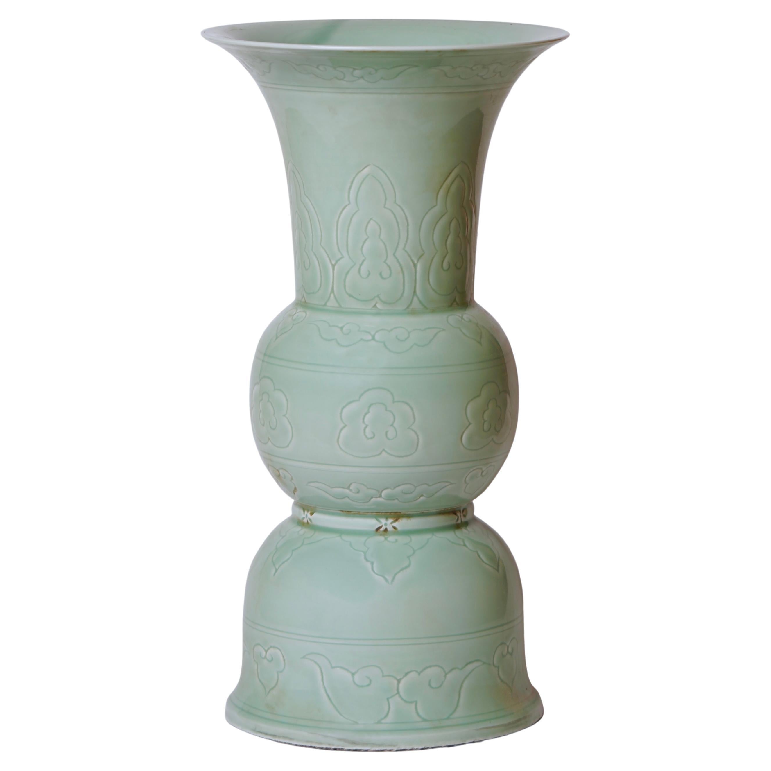 Carved Celadon Porcelain Altar Vase For Sale
