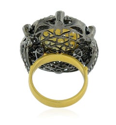 Carved Center Stone Jade Cocktail Ring with Black Pave Diamonds
