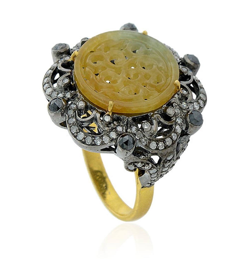 Artisan Carved Center Stone Jade Cocktail Ring with Black Pave Diamonds For Sale