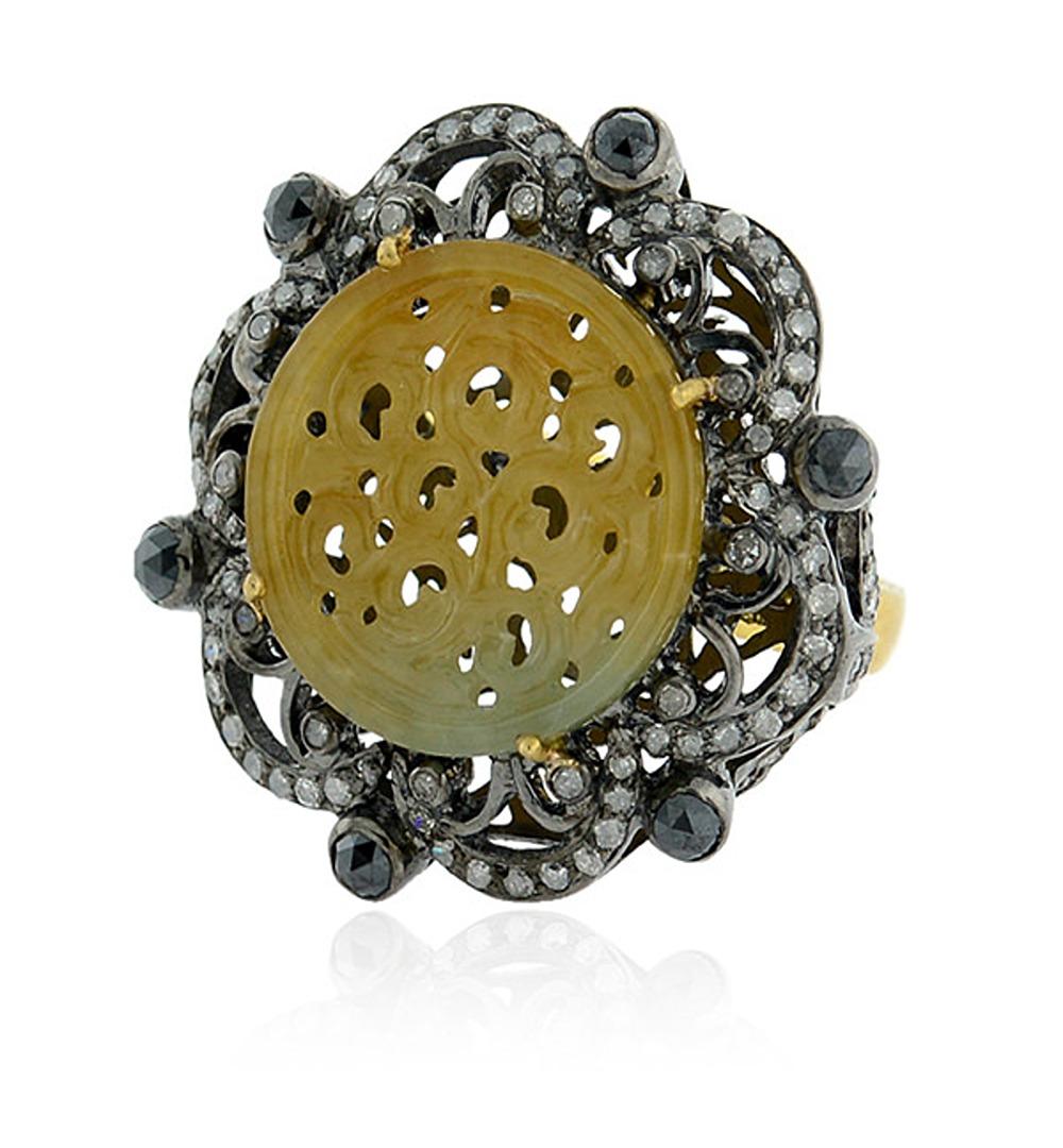 Mixed Cut Carved Center Stone Jade Cocktail Ring with Black Pave Diamonds For Sale