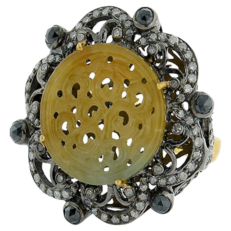 Carved Center Stone Jade Cocktail Ring with Black Pave Diamonds For Sale