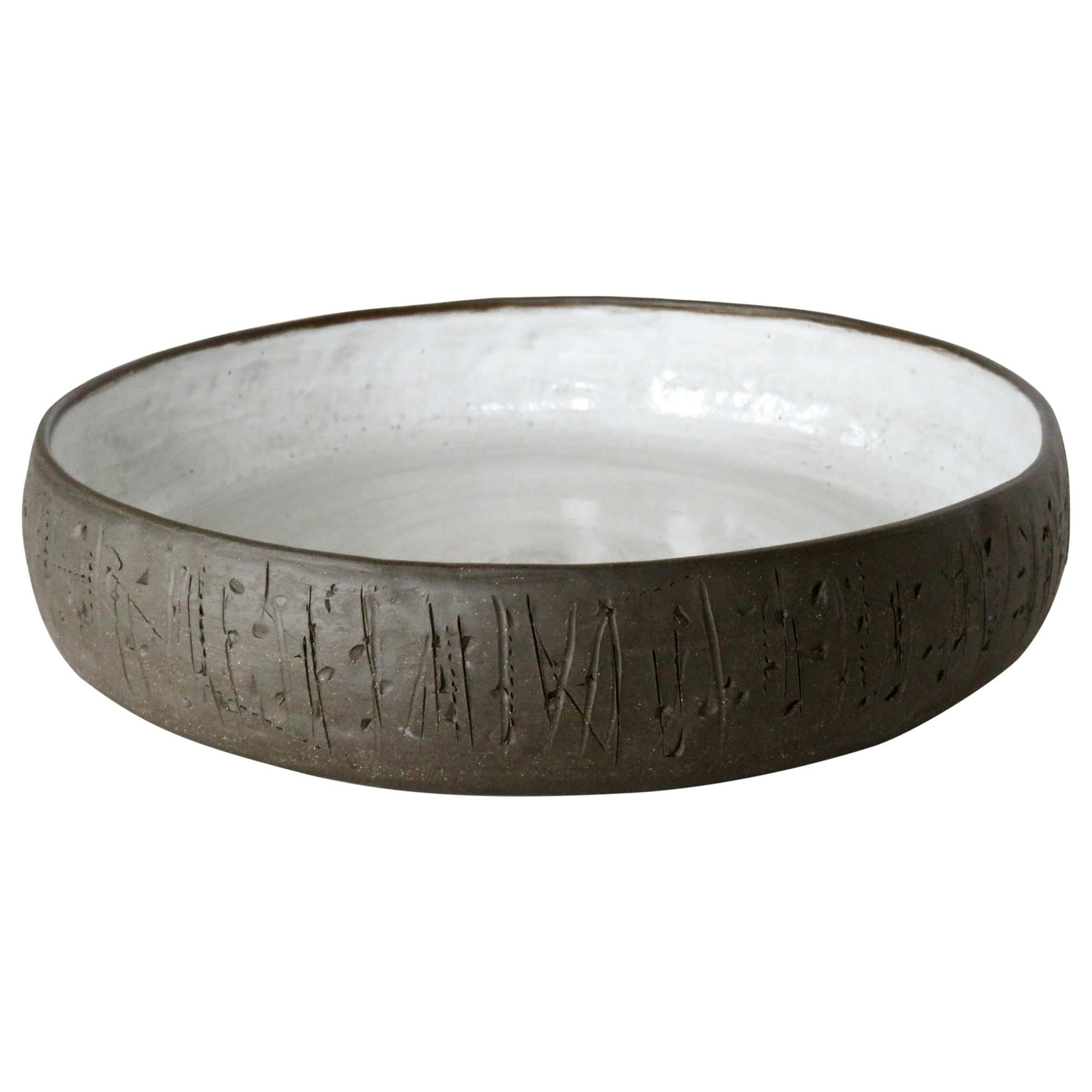 Carved Ceramic Serving Bowl, Dark Brown Clay, White Glaze Interior, Handbuilt