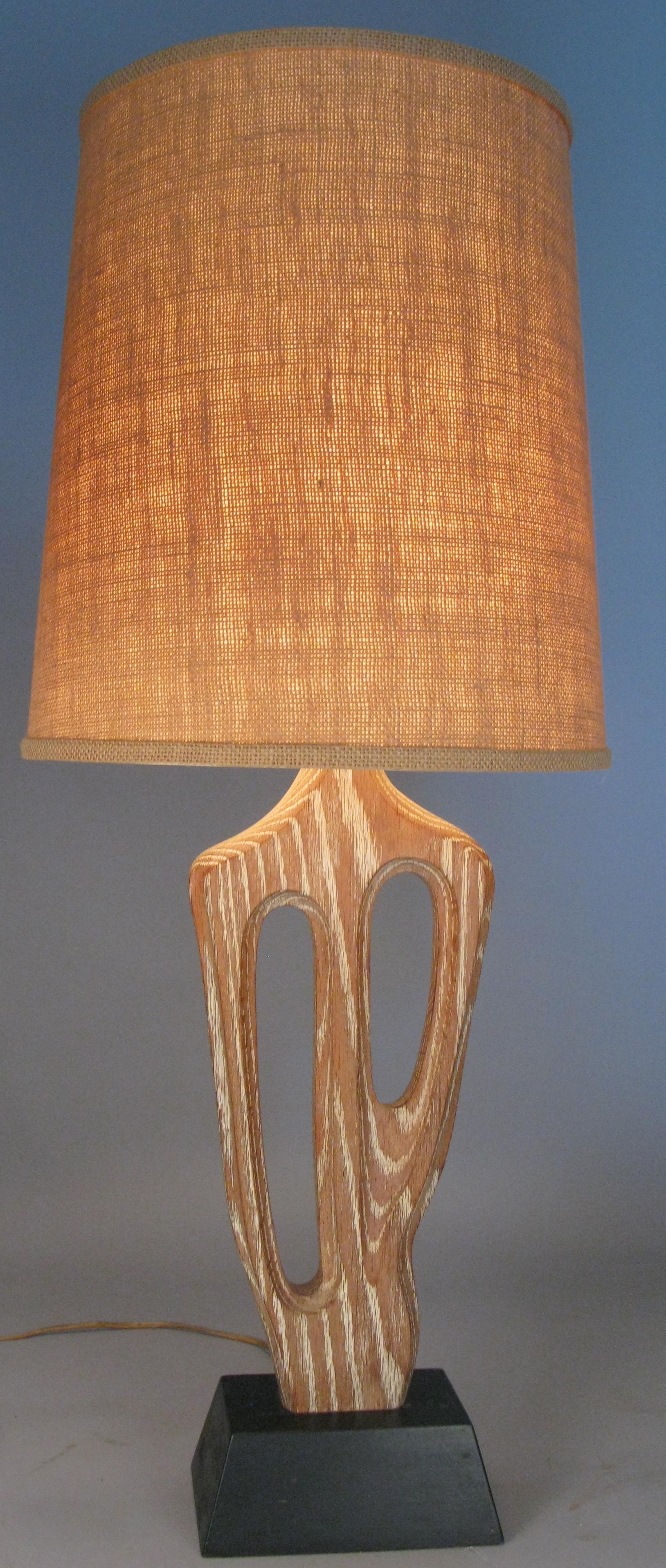 Mid-Century Modern Carved & Cerrused Oak Table Lamp by Yasha Heifetz