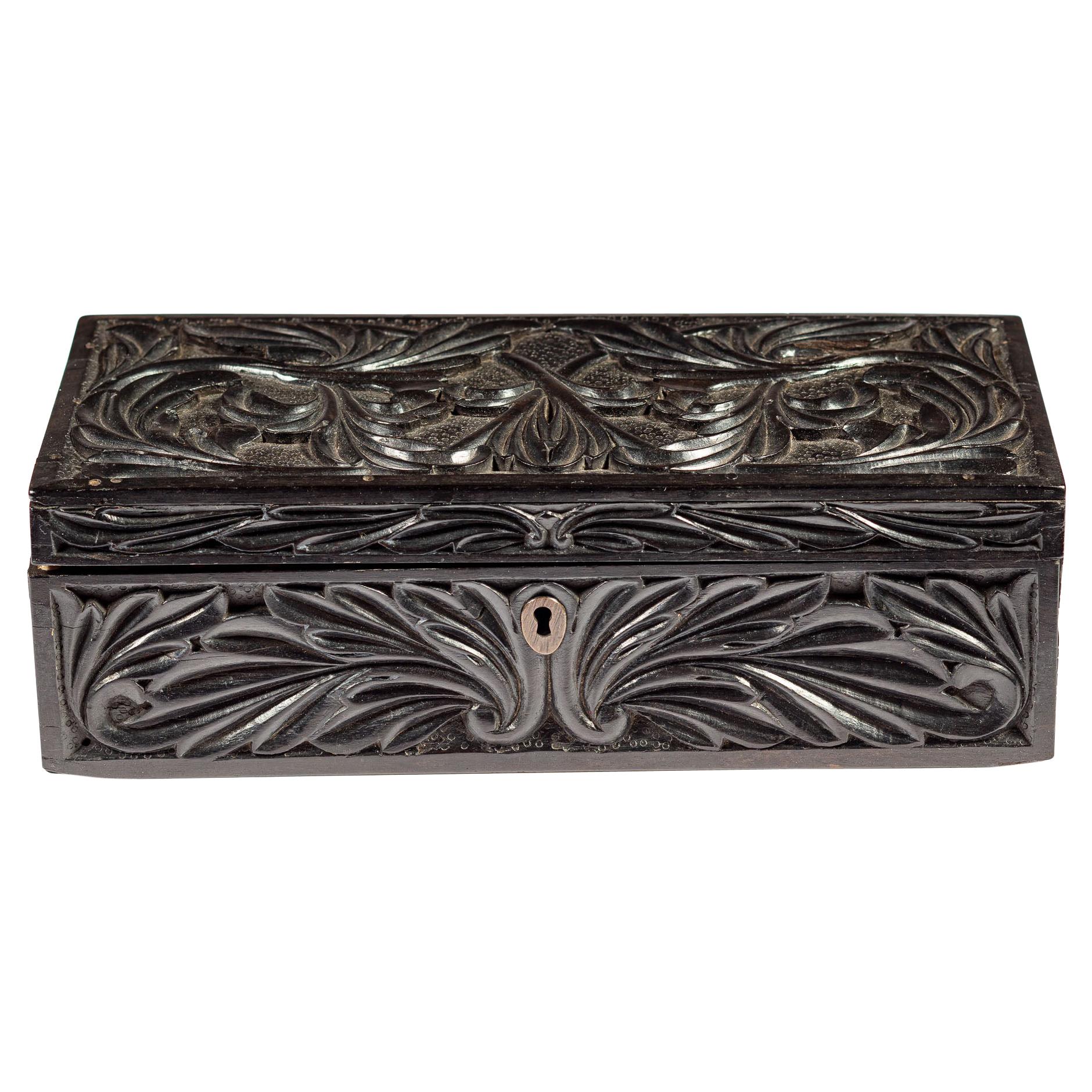 Carved Ceylonese Ebony Box For Sale