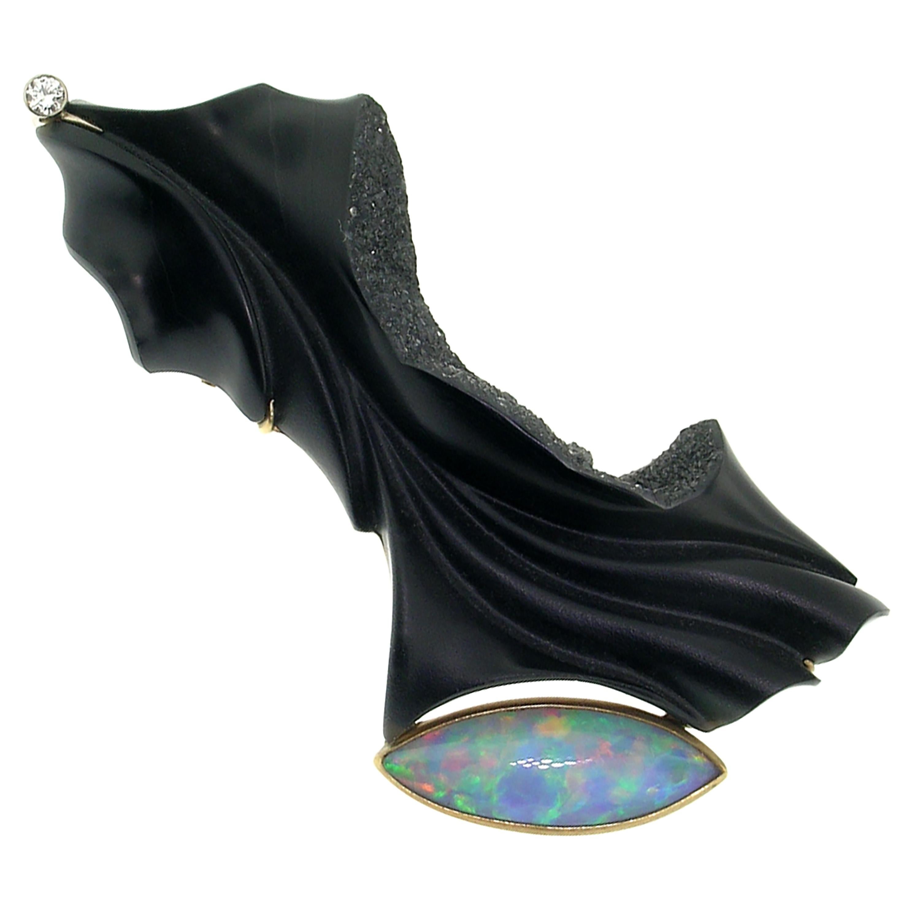Carved Chalcedony Sculpture and Opal in 18kt Gold Pendant, Enhancer, and Brooch